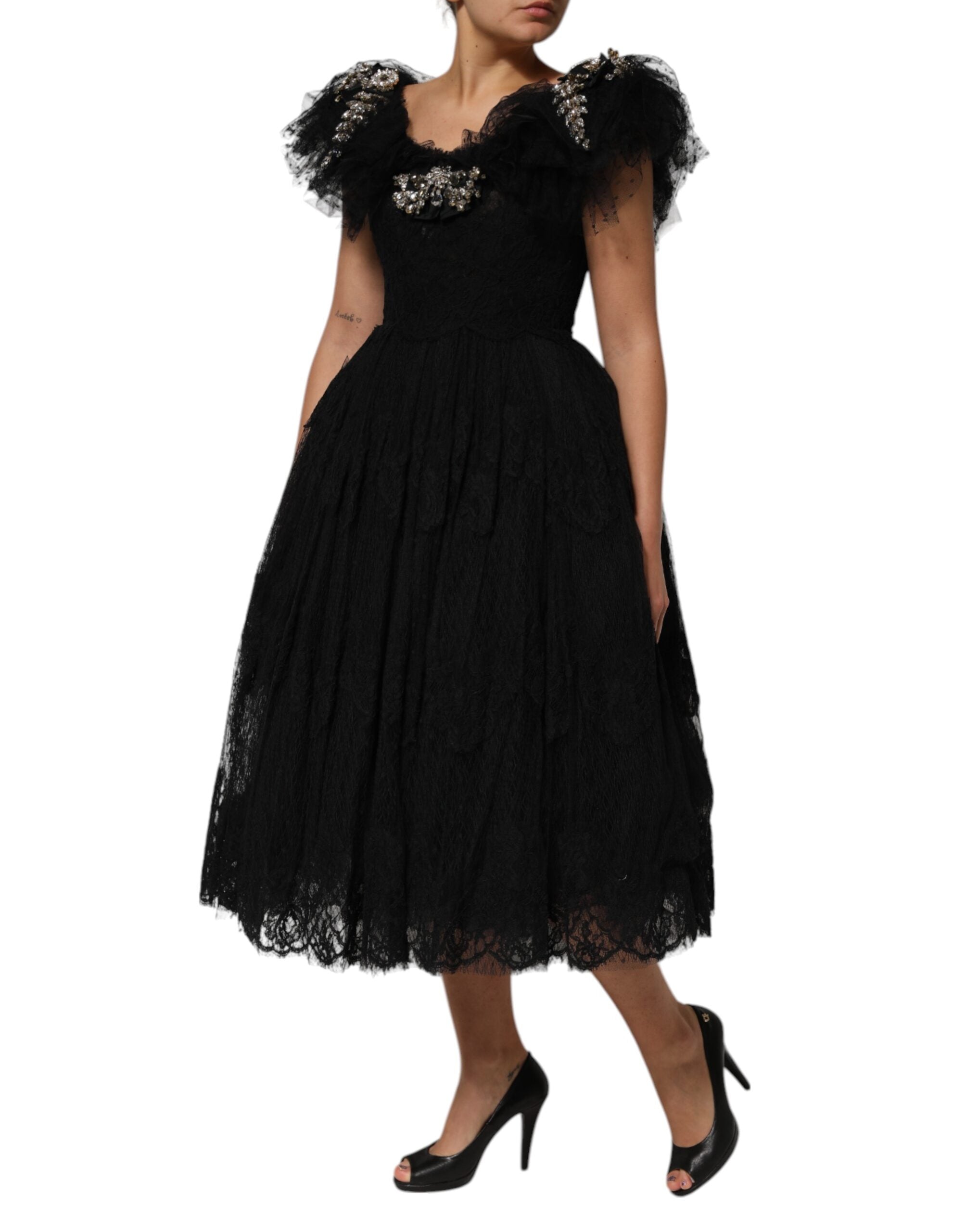 Dolce & Gabbana Black Crystal Embellished Midi A-line Dress Dolce & Gabbana
