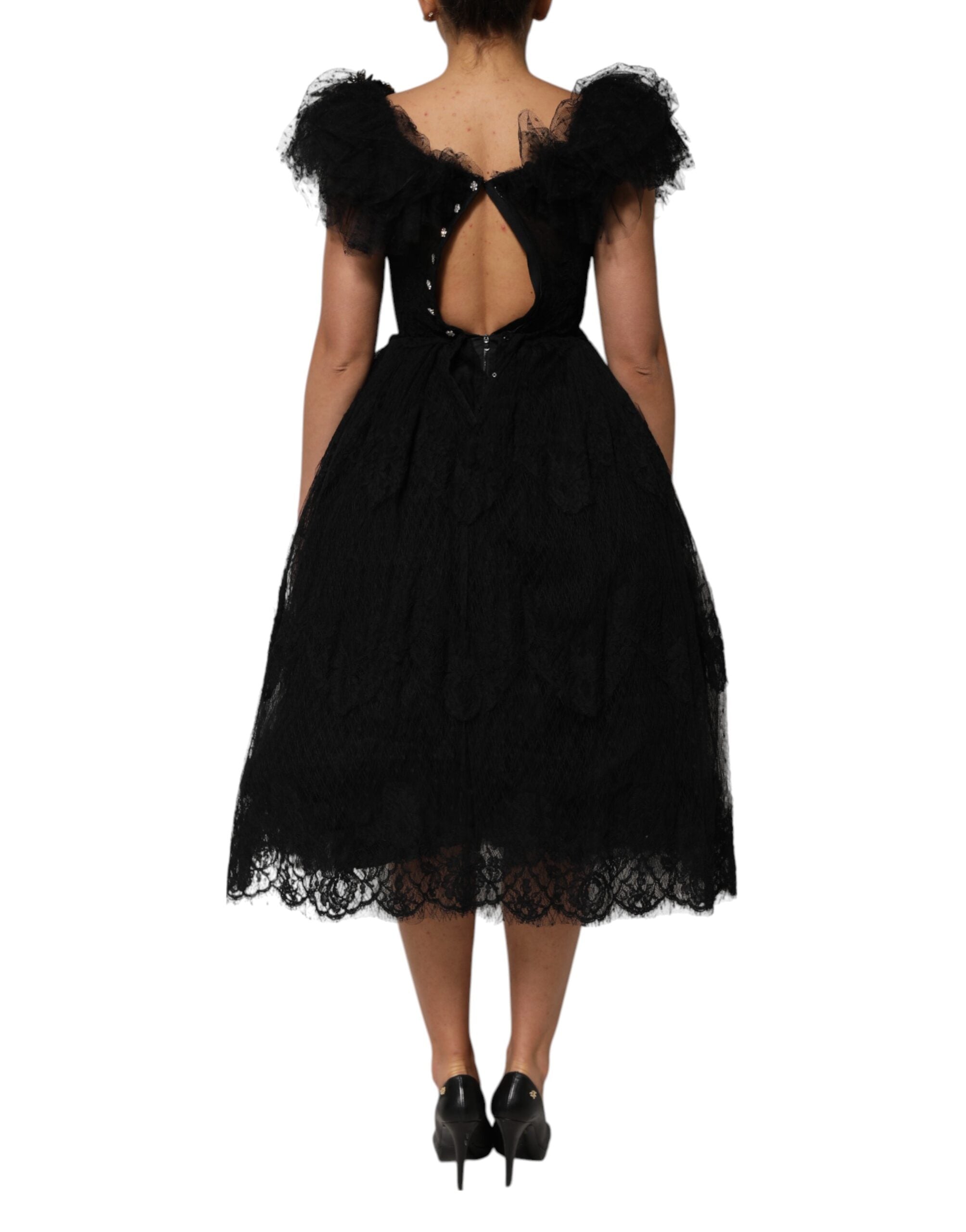 Dolce & Gabbana Black Crystal Embellished Midi A-line Dress Dolce & Gabbana