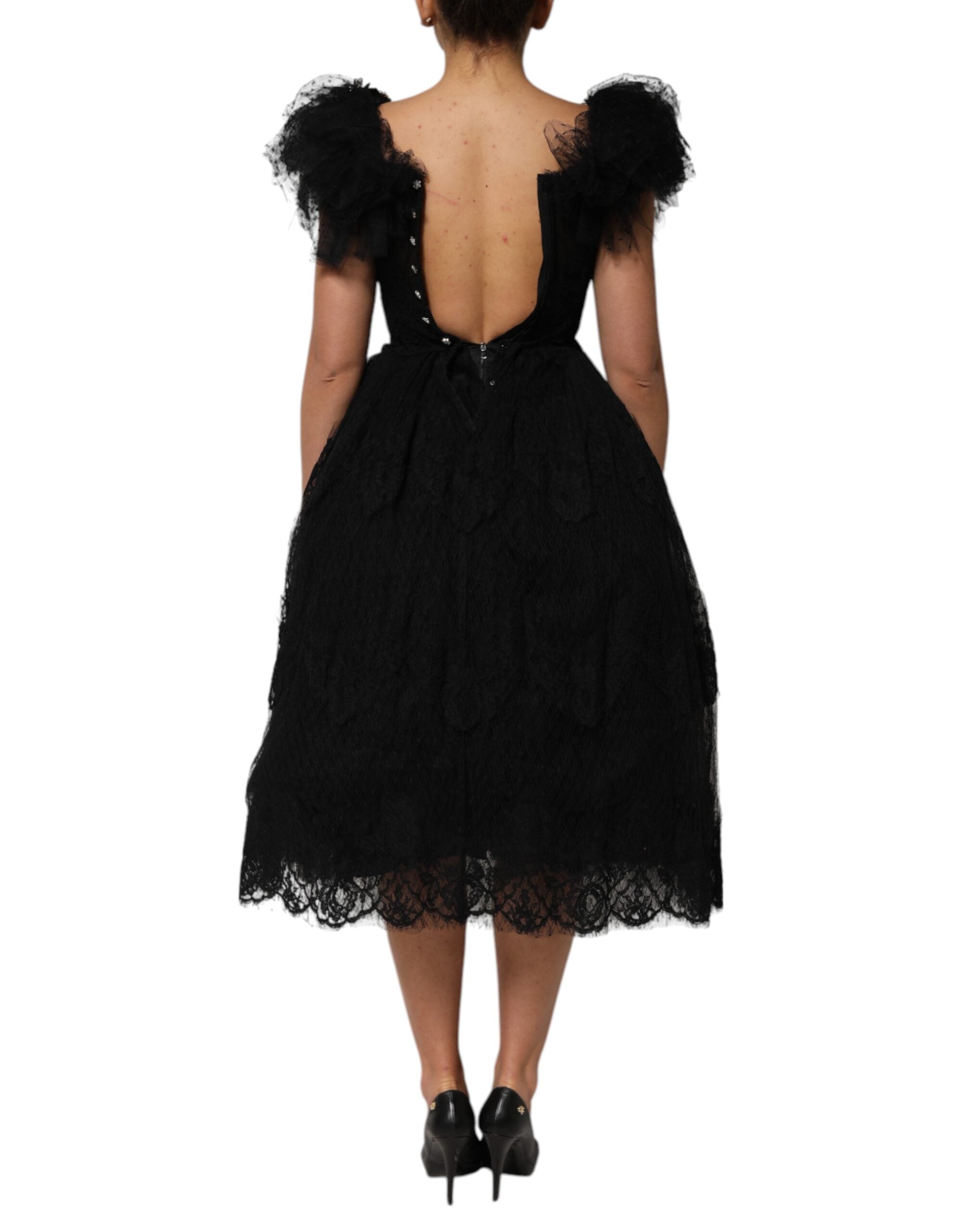 Dolce & Gabbana Black Crystal Embellished Midi A-line Dress Dolce & Gabbana
