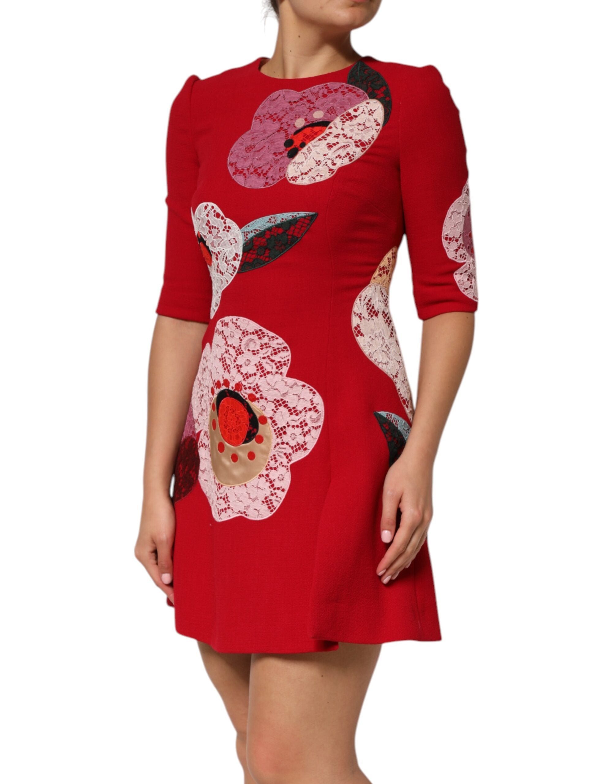 Dolce & Gabbana Red Lace Floral Applique A-line Mini Dress Dolce & Gabbana