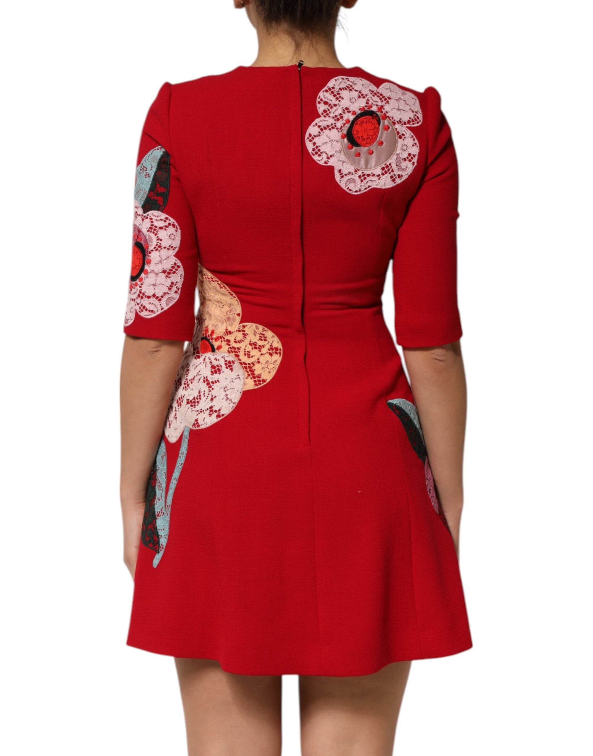 Dolce & Gabbana Red Lace Floral Applique A-line Mini Dress Dolce & Gabbana