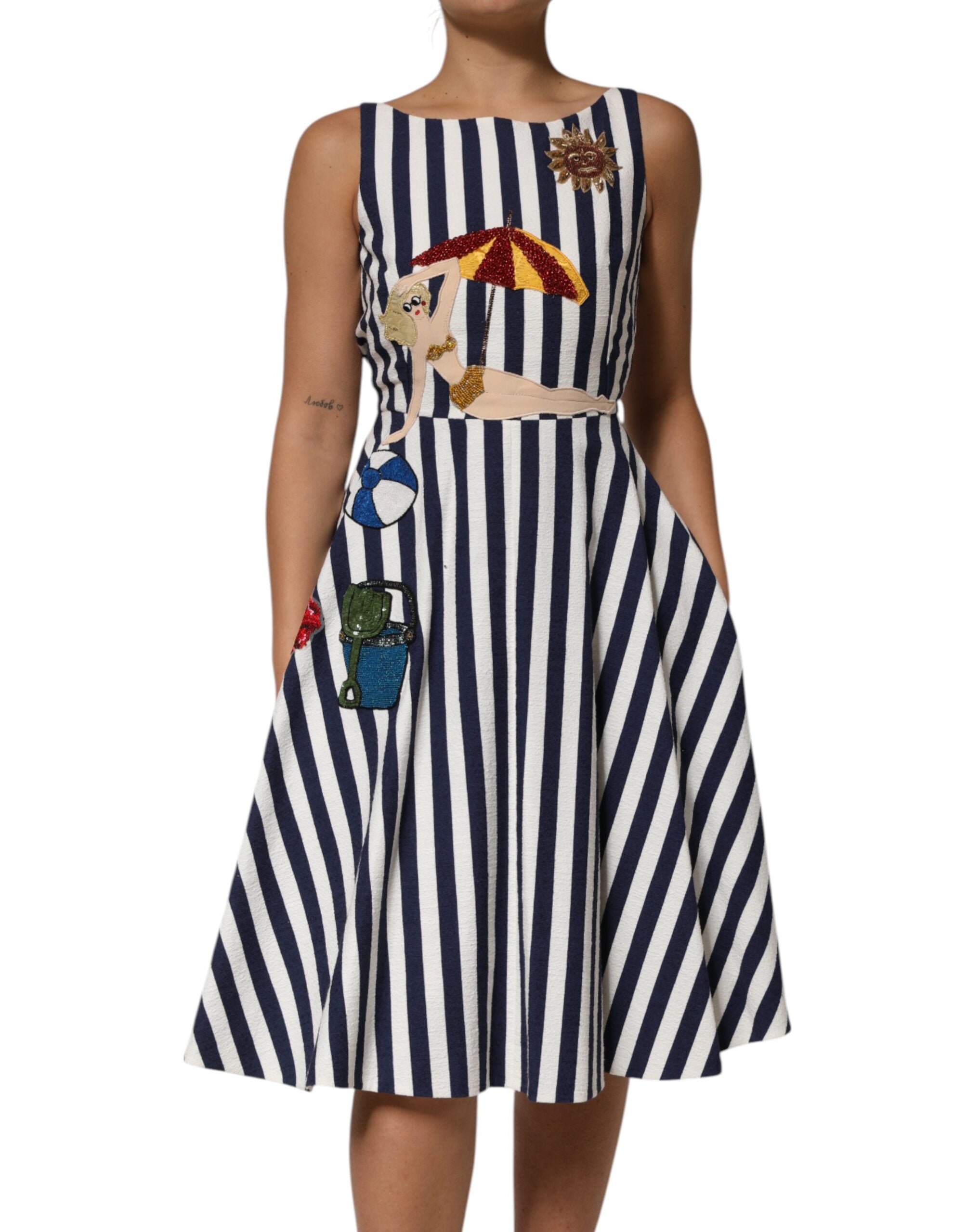 Dolce & Gabbana Blue White Striped Embroidered A-line Dress Dolce & Gabbana