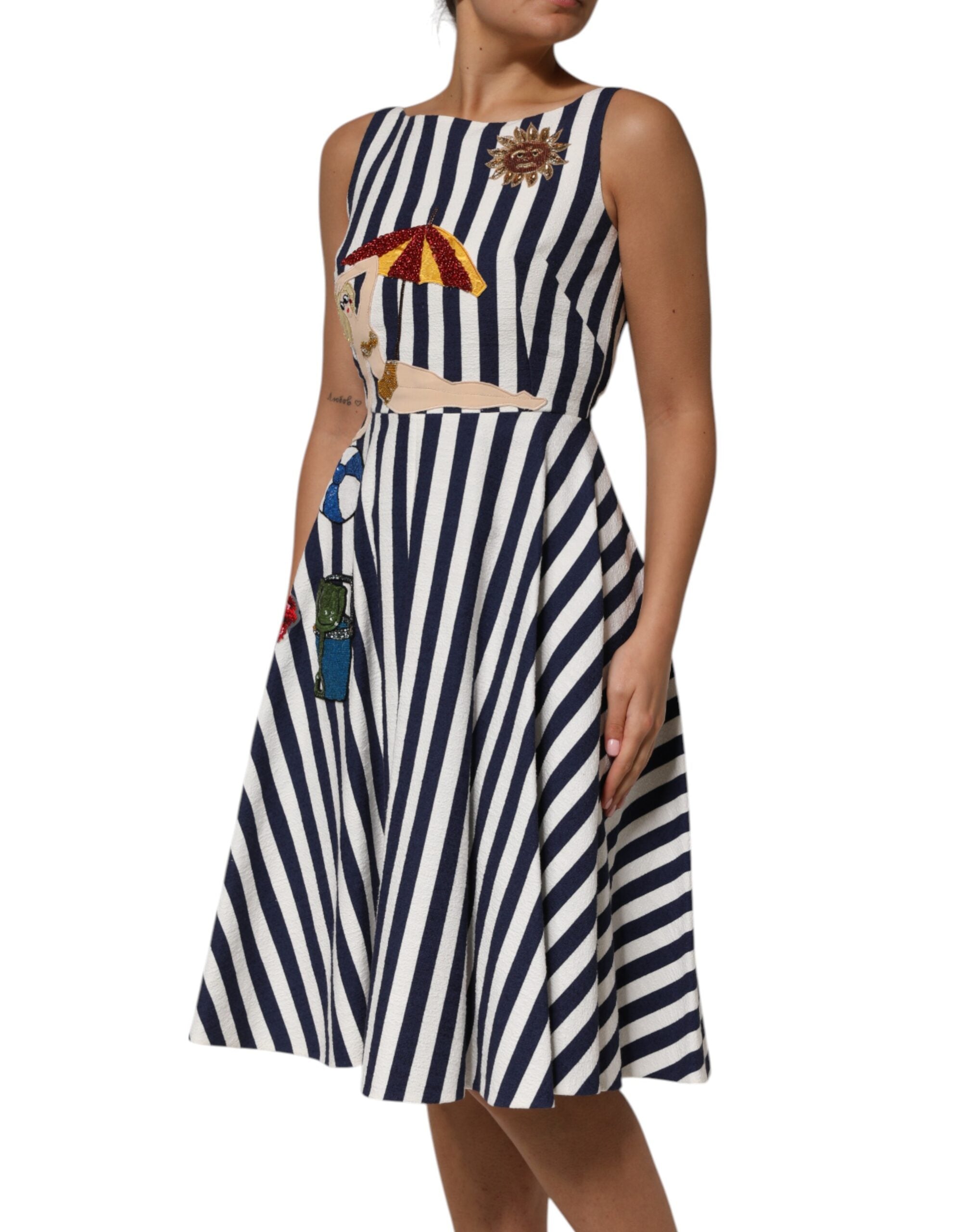 Dolce & Gabbana Blue White Striped Embroidered A-line Dress Dolce & Gabbana