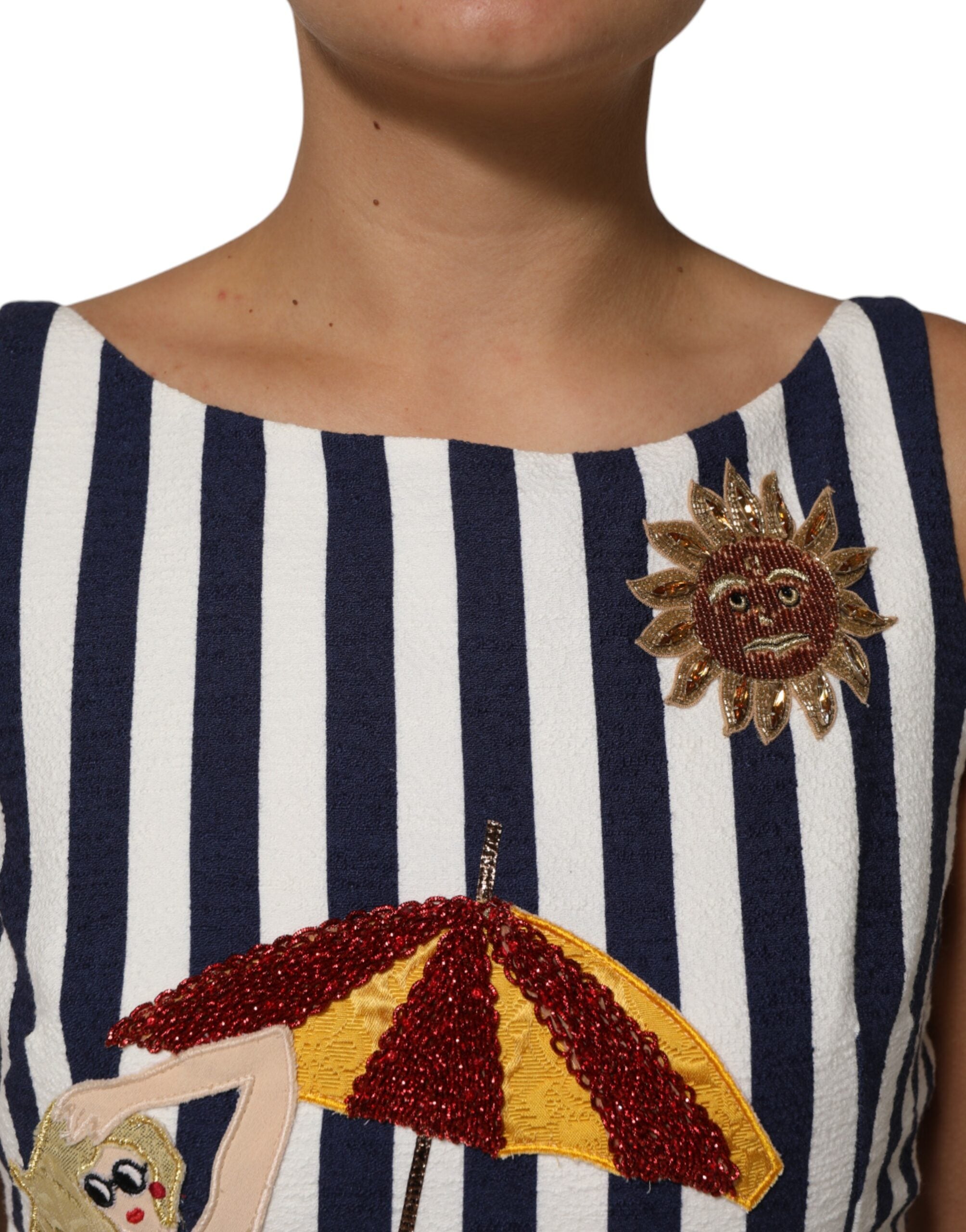 Dolce & Gabbana Blue White Striped Embroidered A-line Dress Dolce & Gabbana