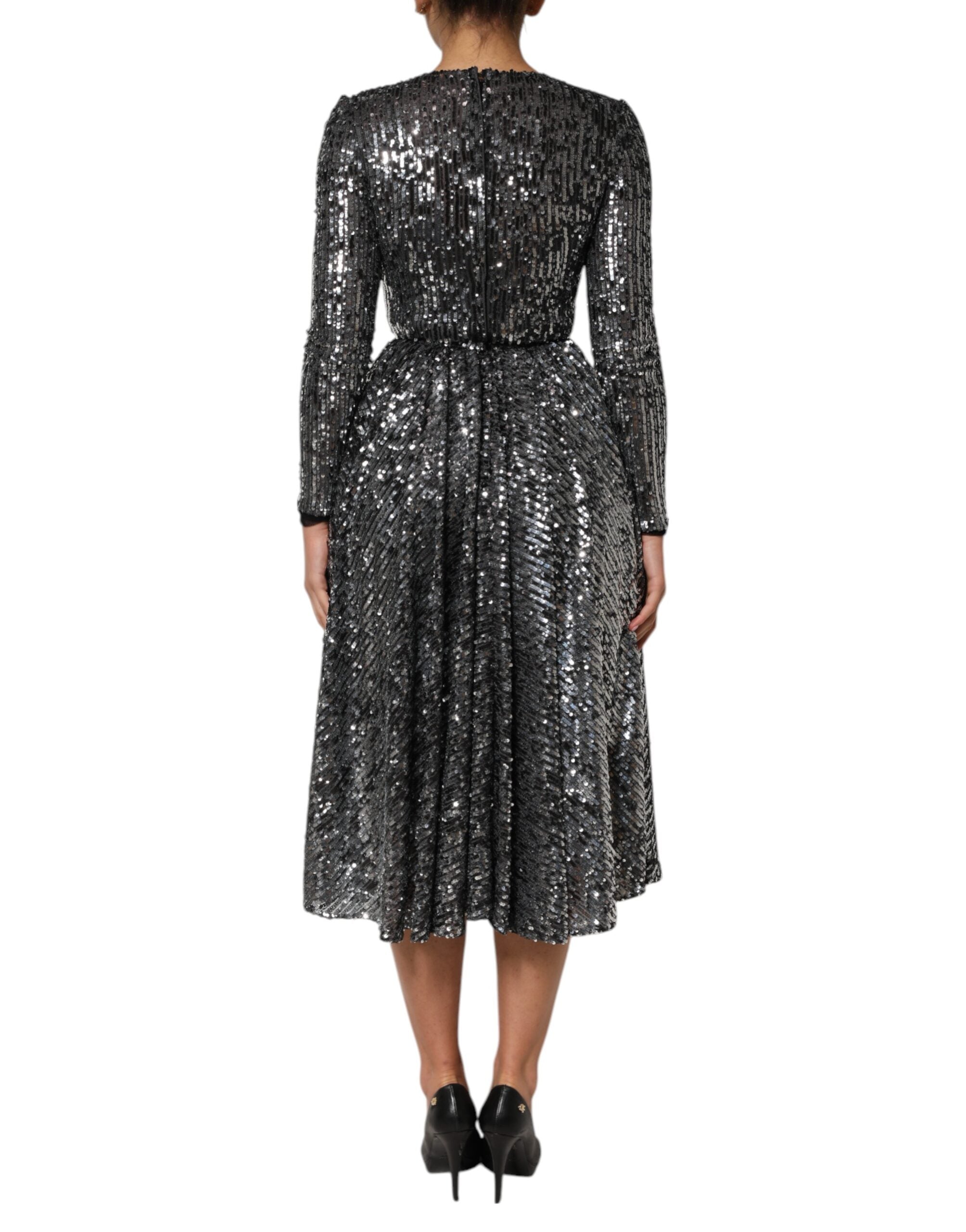 Dolce & Gabbana Black Sequined Long Sleeves Midi A-line  Dress Dolce & Gabbana