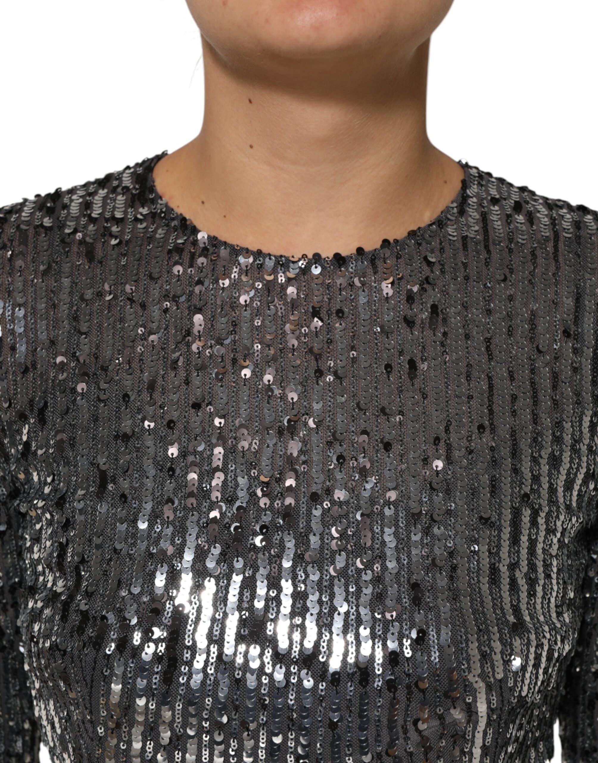 Dolce & Gabbana Black Sequined Long Sleeves Midi A-line  Dress Dolce & Gabbana