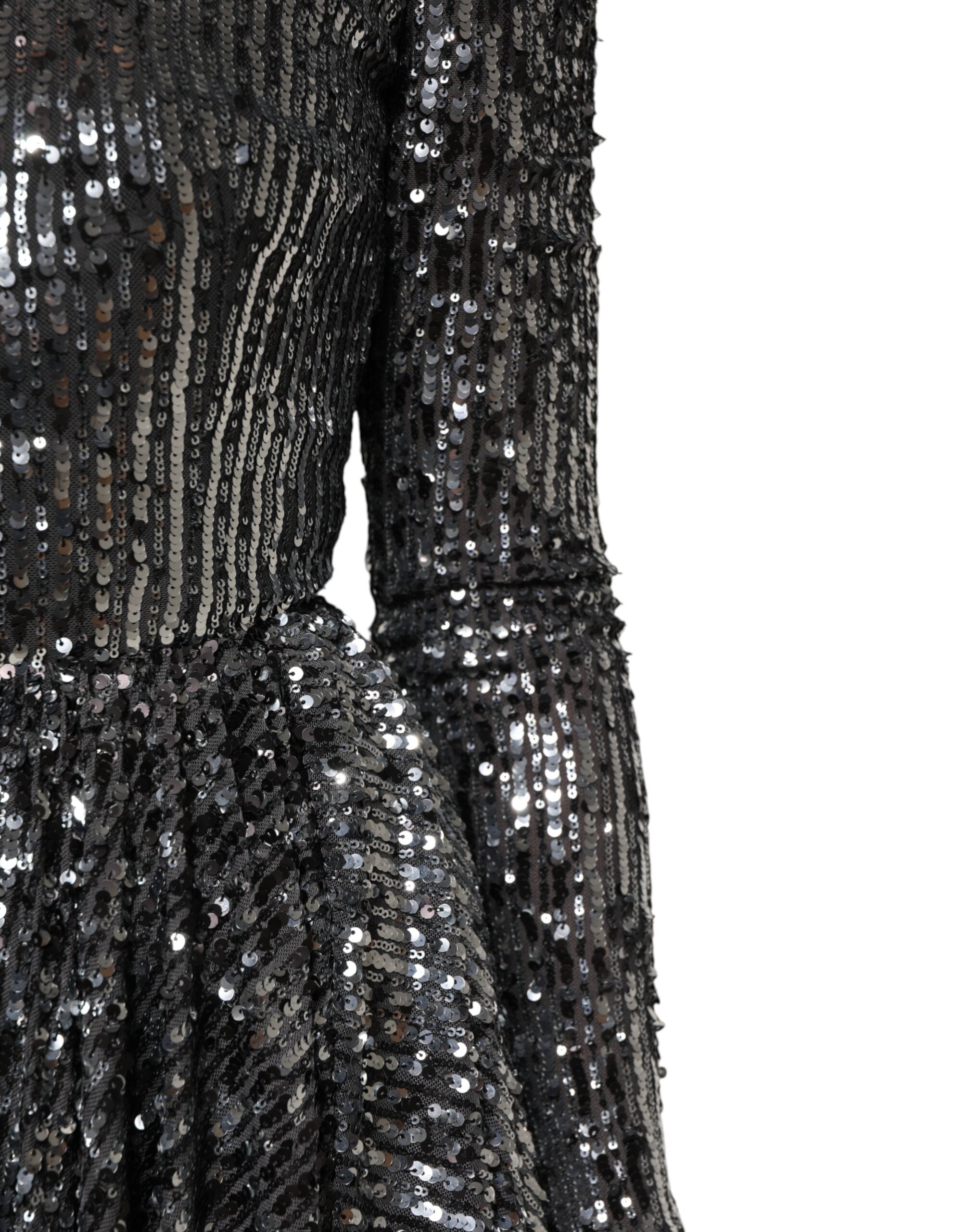 Dolce & Gabbana Black Sequined Long Sleeves Midi A-line  Dress Dolce & Gabbana