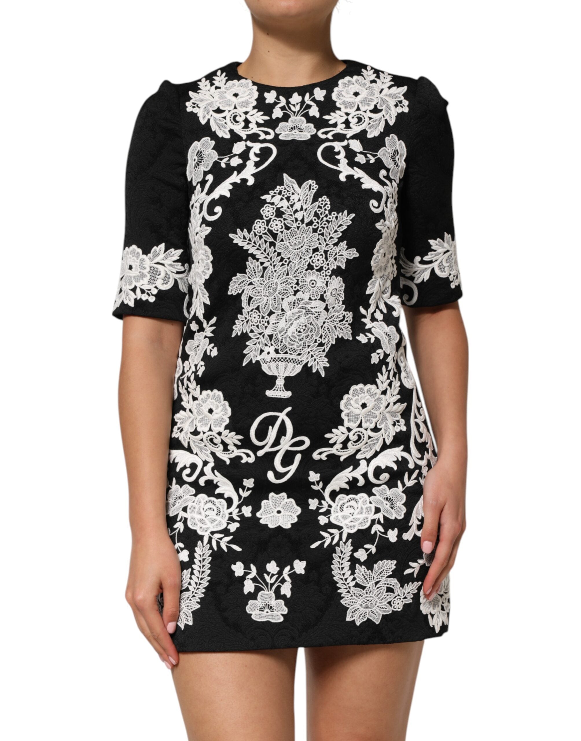 Dolce & Gabbana Black Lace Trim Short Sleeves A-line Dress Dolce & Gabbana