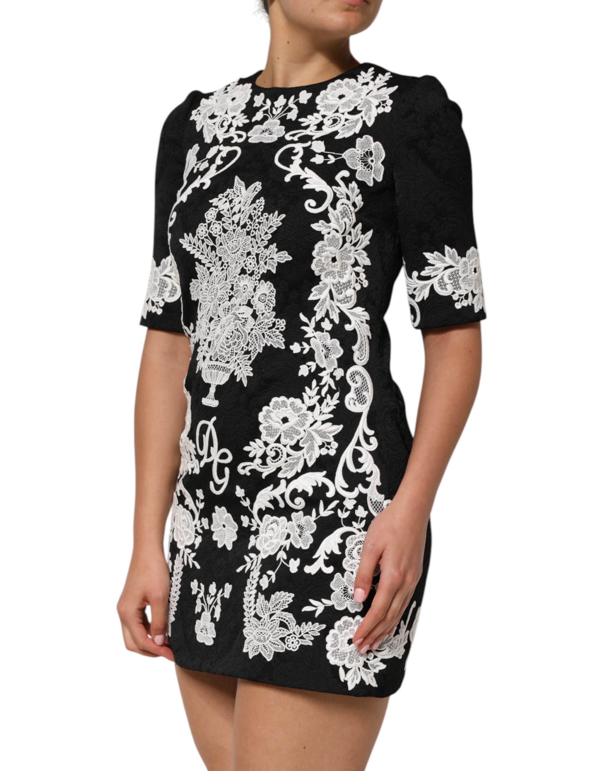 Dolce & Gabbana Black Lace Trim Short Sleeves A-line Dress Dolce & Gabbana