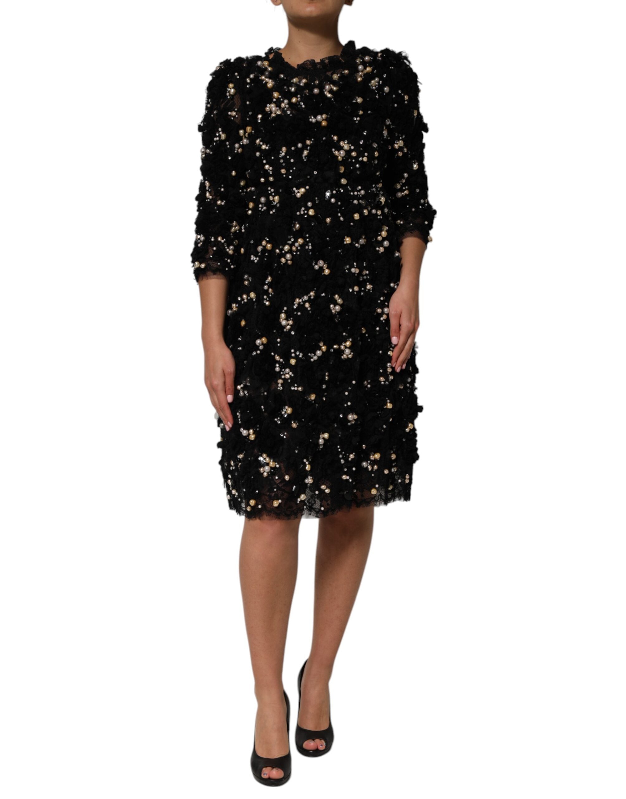 Dolce & Gabbana Black Viscose Pearl Embellishment Shift Dress Dolce & Gabbana