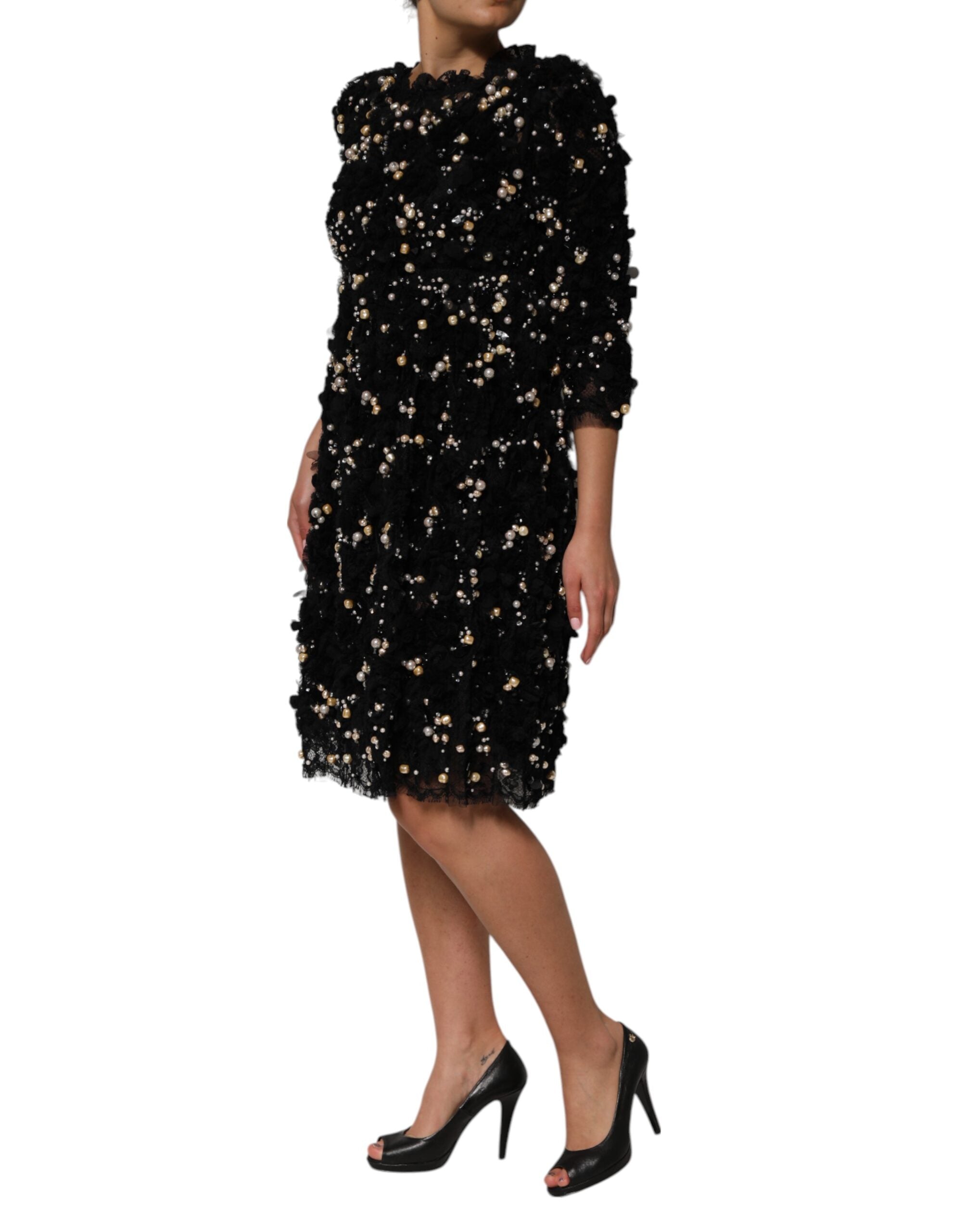 Dolce & Gabbana Black Viscose Pearl Embellishment Shift Dress Dolce & Gabbana