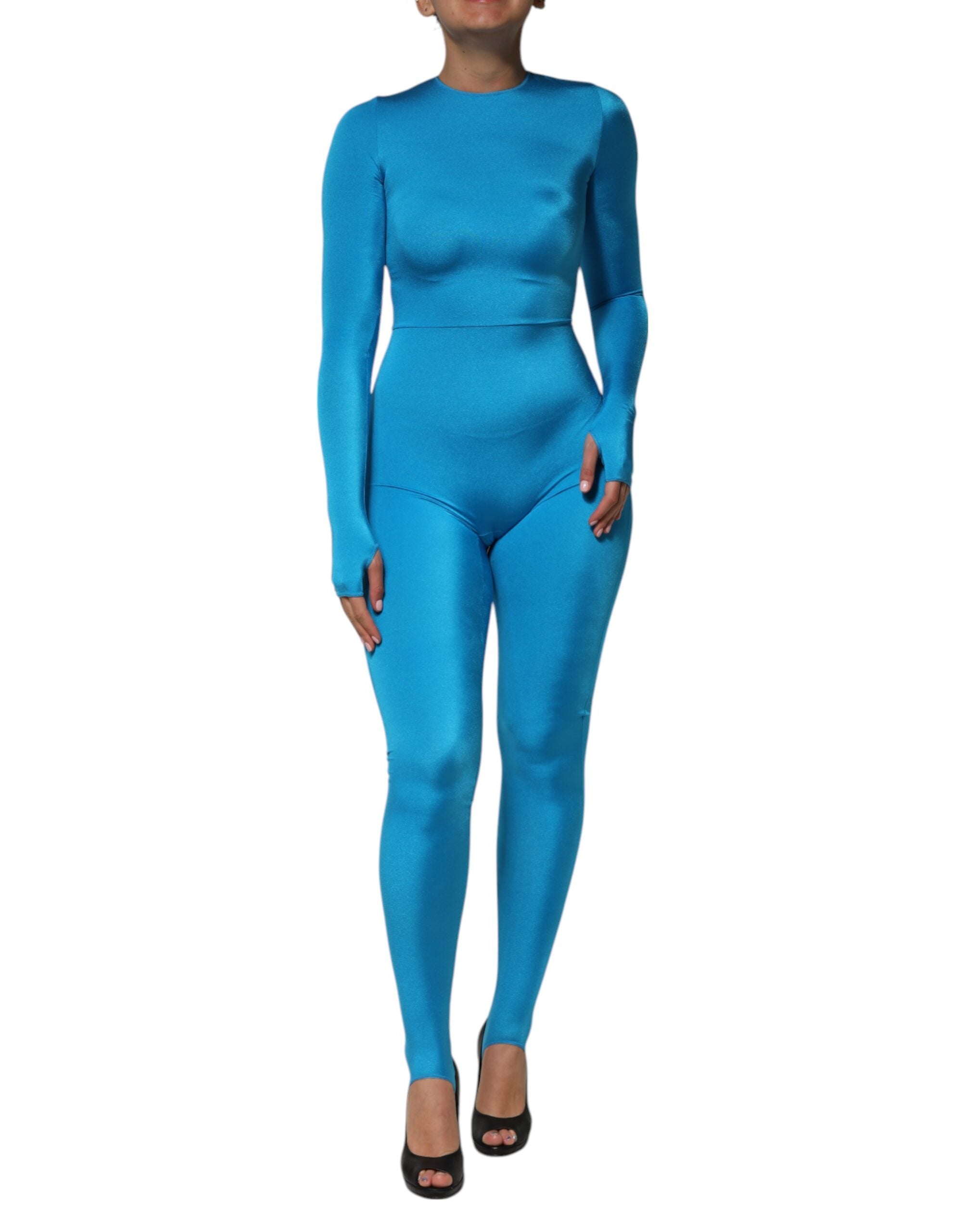 Dolce & Gabbana Blue Nylon Crew Neck Bodycon Jumpsuit Dress Dolce & Gabbana