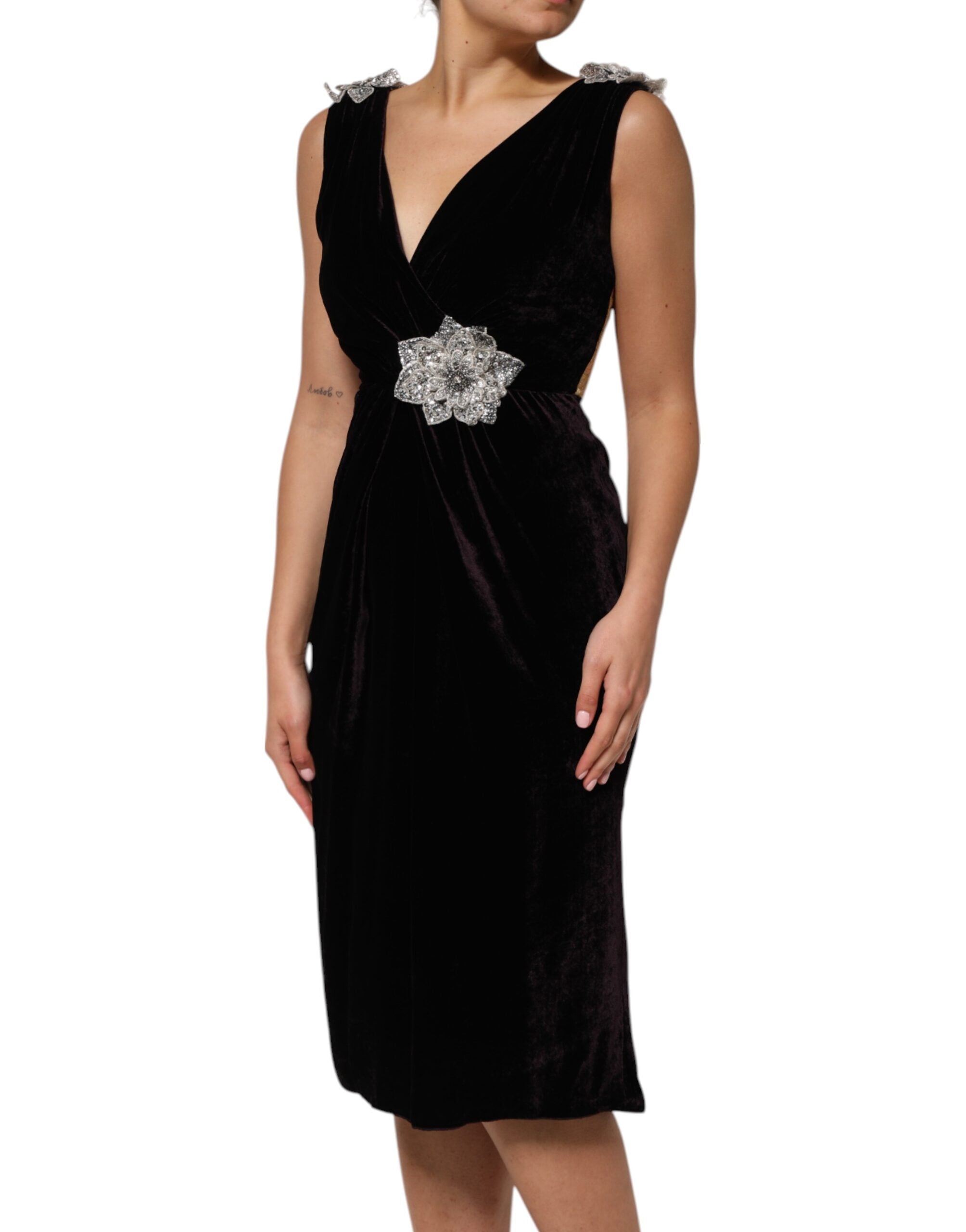 Dolce & Gabbana Black Velvet Flower Embellishment Aline Dress Dolce & Gabbana
