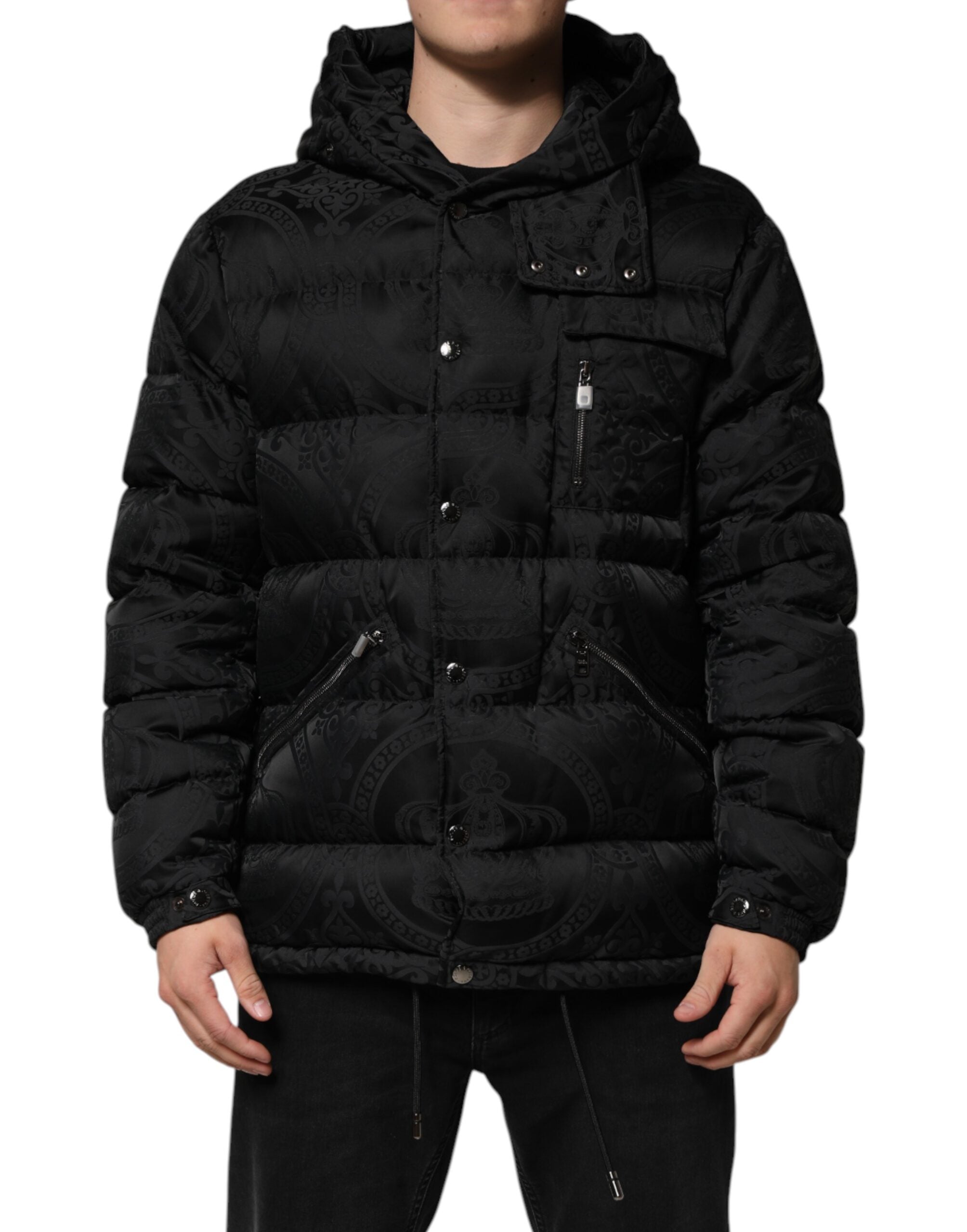 Dolce & Gabbana Black Jacquard Quilted Puffer Hooded Jacket Dolce & Gabbana