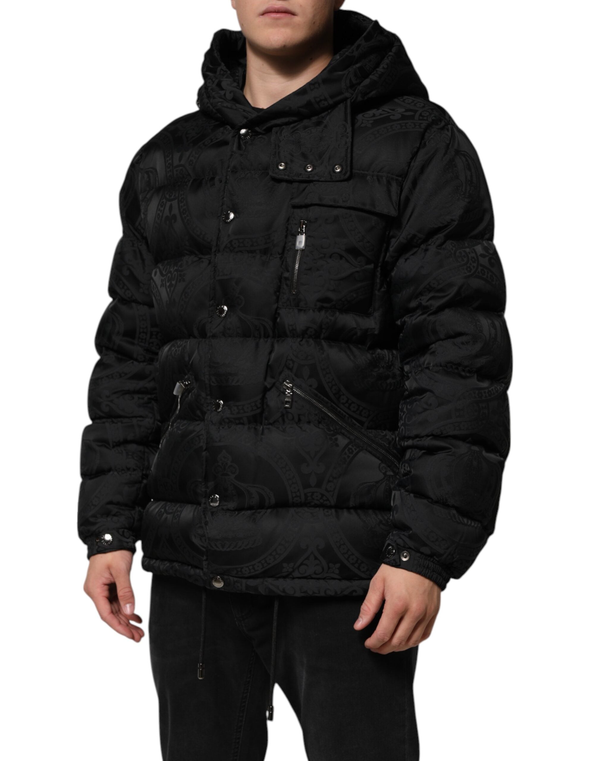 Dolce & Gabbana Black Jacquard Quilted Puffer Hooded Jacket Dolce & Gabbana