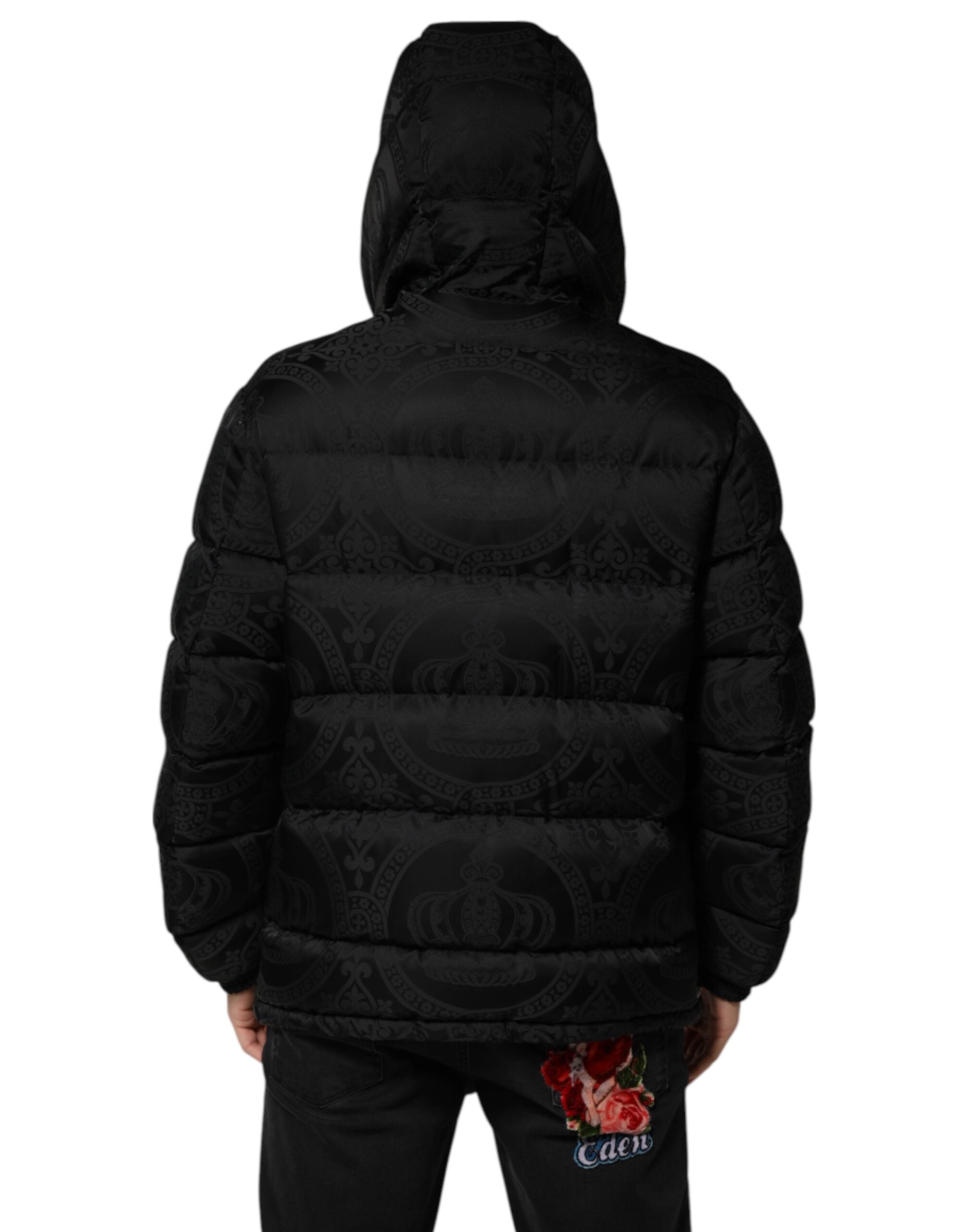 Dolce & Gabbana Black Jacquard Quilted Puffer Hooded Jacket Dolce & Gabbana