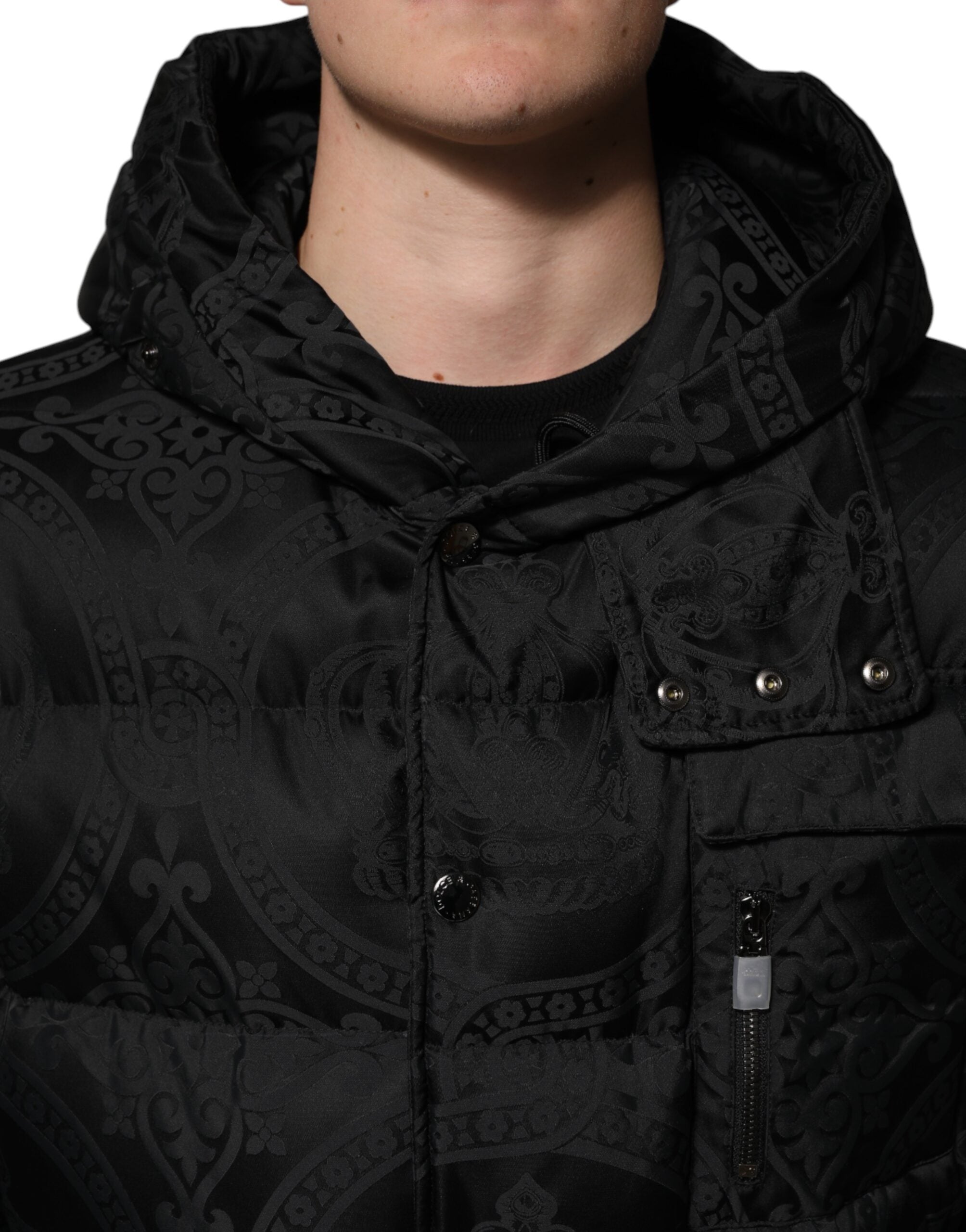 Dolce & Gabbana Black Jacquard Quilted Puffer Hooded Jacket Dolce & Gabbana