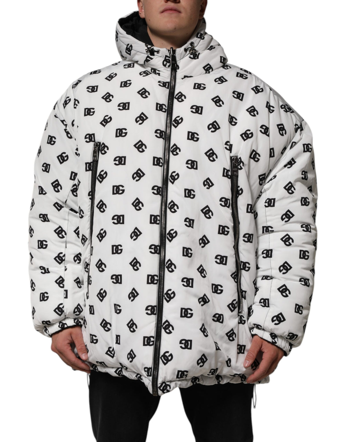 Dolce & Gabbana White DG Monogram Hooded Puffer Jacket