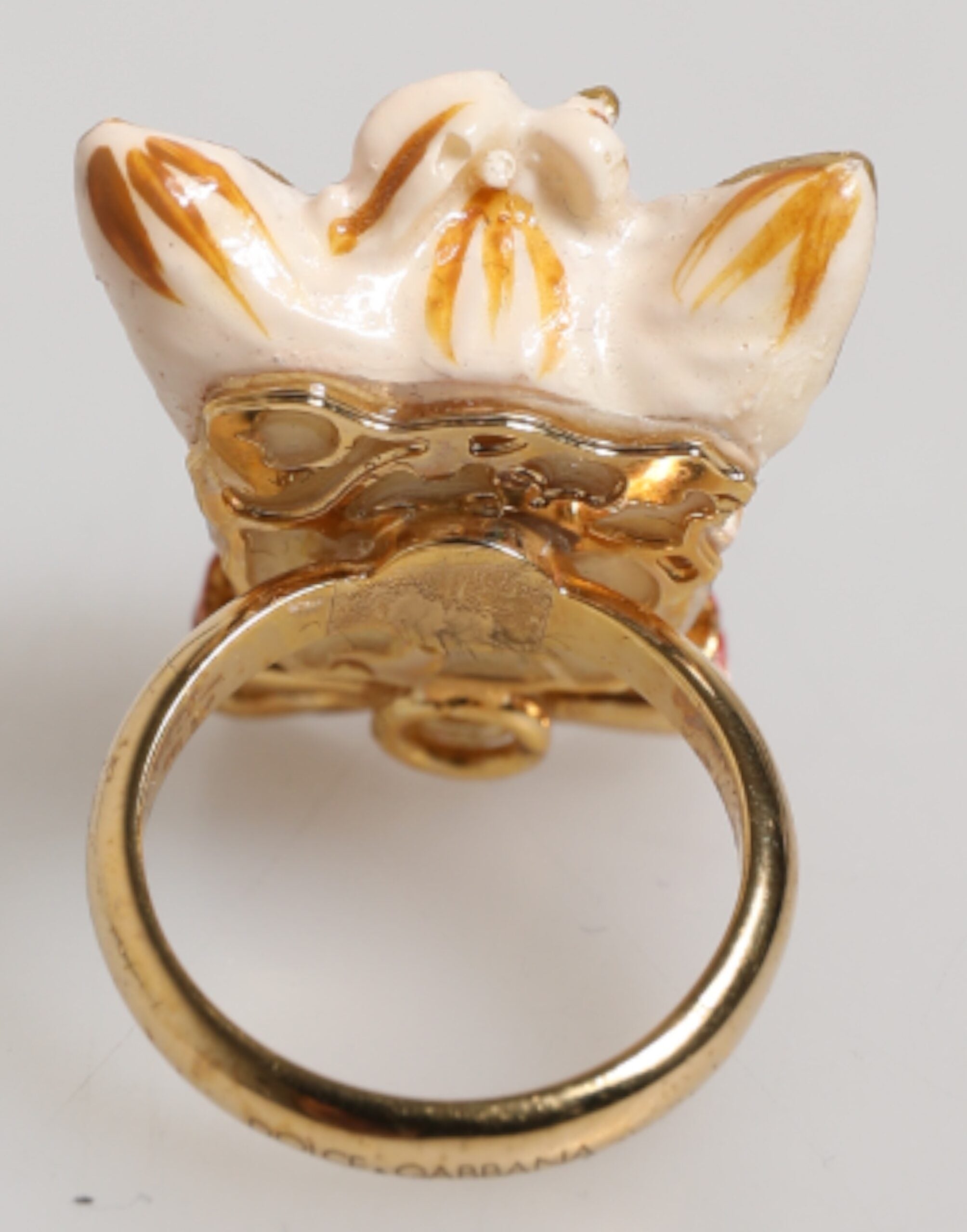 Dolce & Gabbana Gold Brass Resin Beige Dog Pet Accessory Ring Dolce & Gabbana