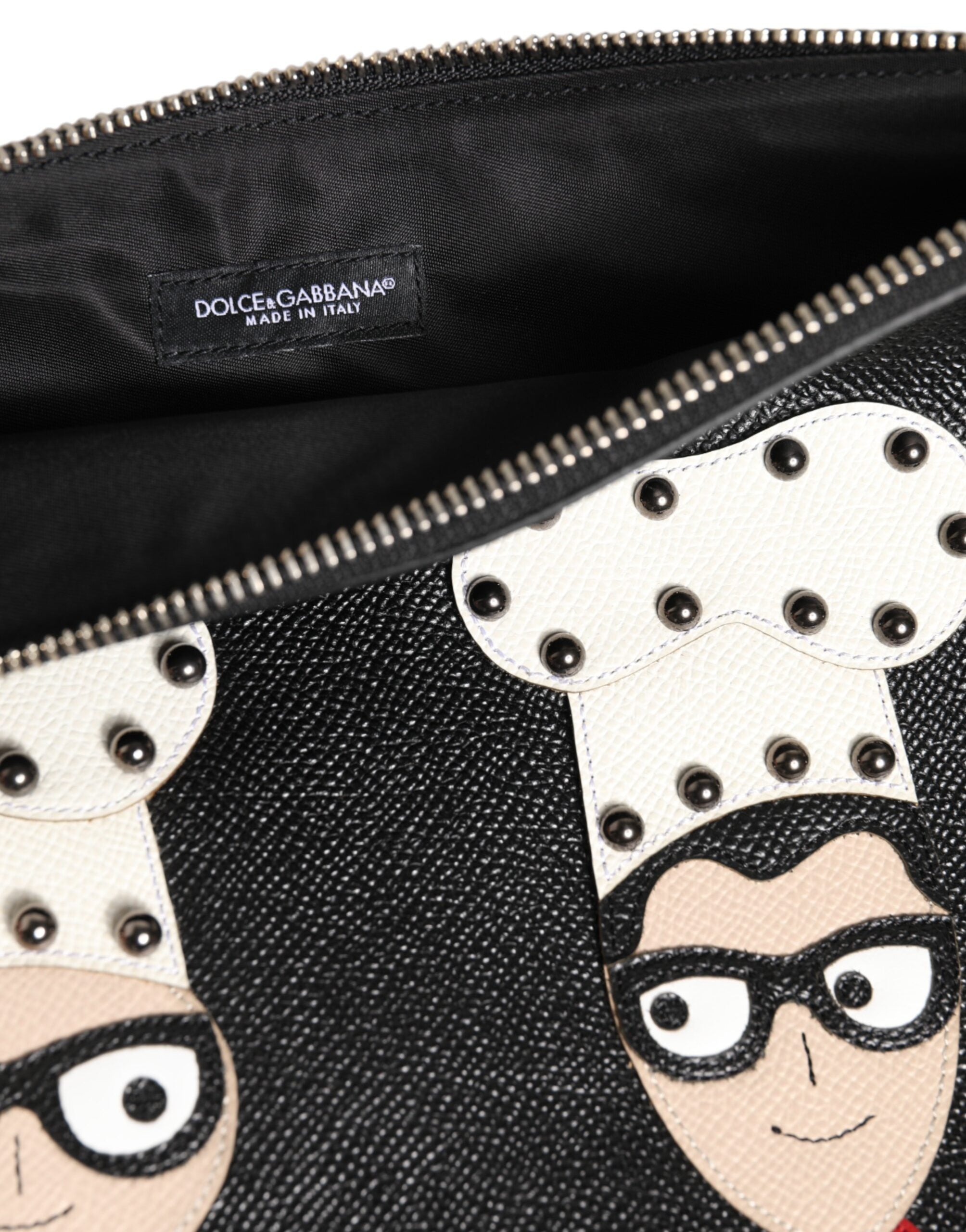 Dolce & Gabbana Black Leather #DGFAMILY Embellished Men Clutch Pouch Bag Dolce & Gabbana