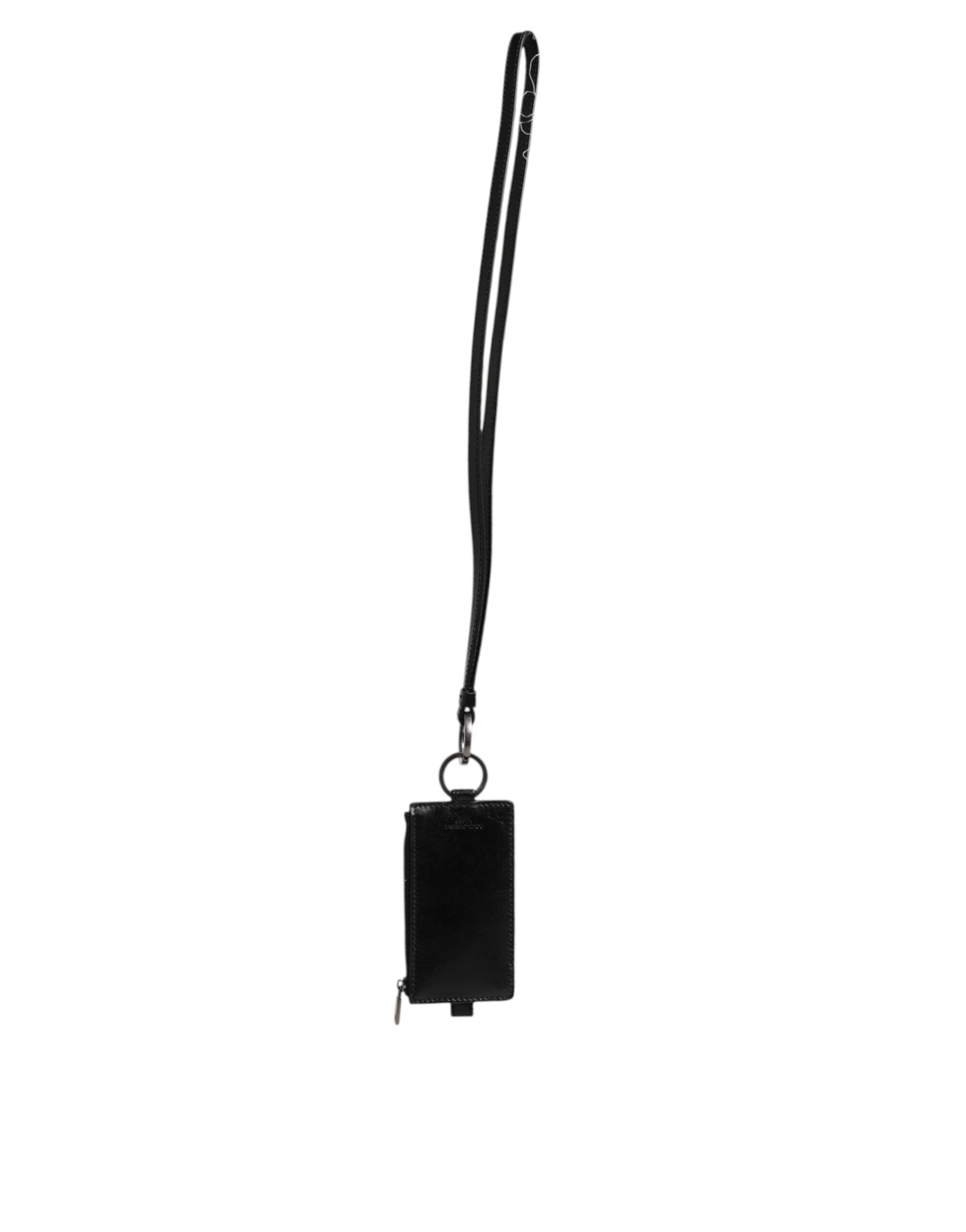 Dolce & Gabbana Black Leather Logo Embossed Lanyard Card Holder Wallet Dolce & Gabbana