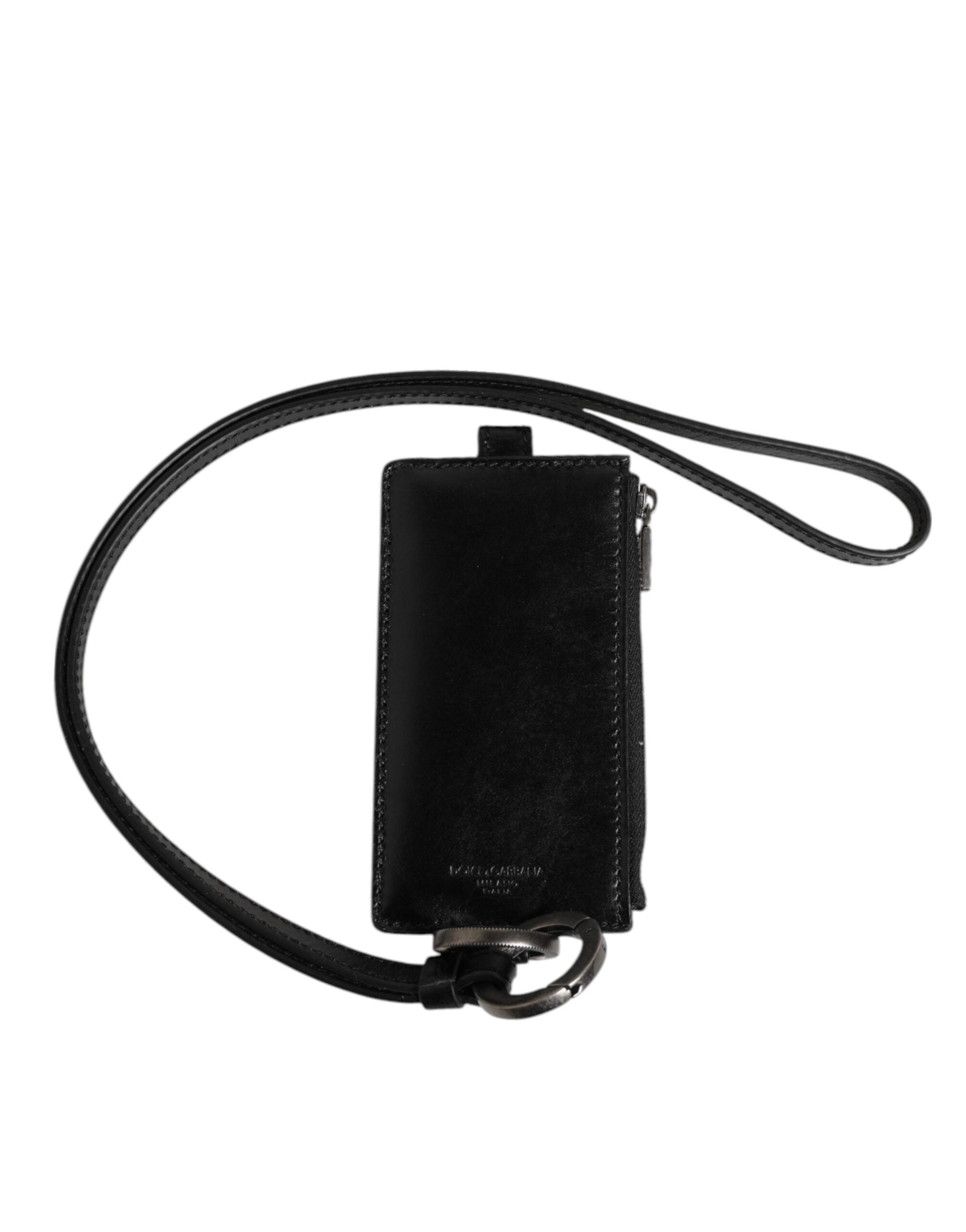 Dolce & Gabbana Black Leather Logo Embossed Lanyard Card Holder Wallet Dolce & Gabbana