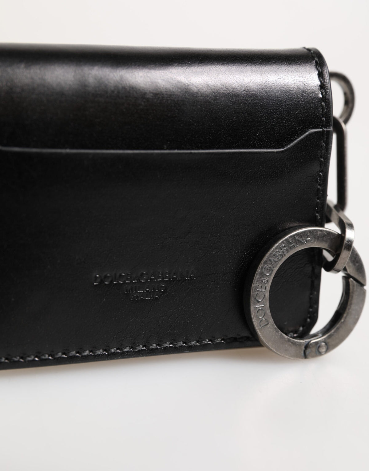 Dolce & Gabbana Wallet Black Leather Logo Embossed Key Chain Card Holder Wallet