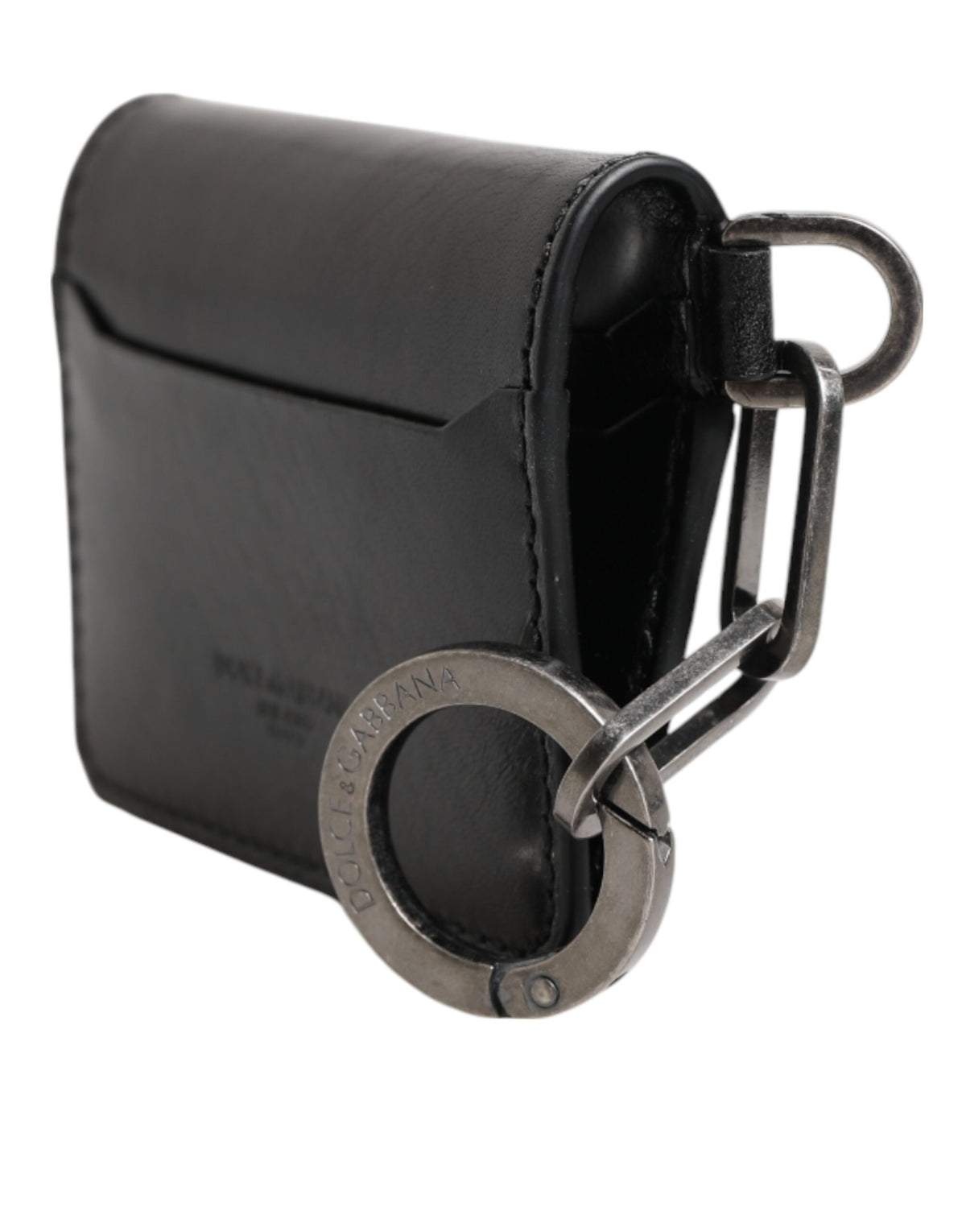 Dolce & Gabbana Wallet Black Leather Logo Embossed Key Chain Card Holder Wallet