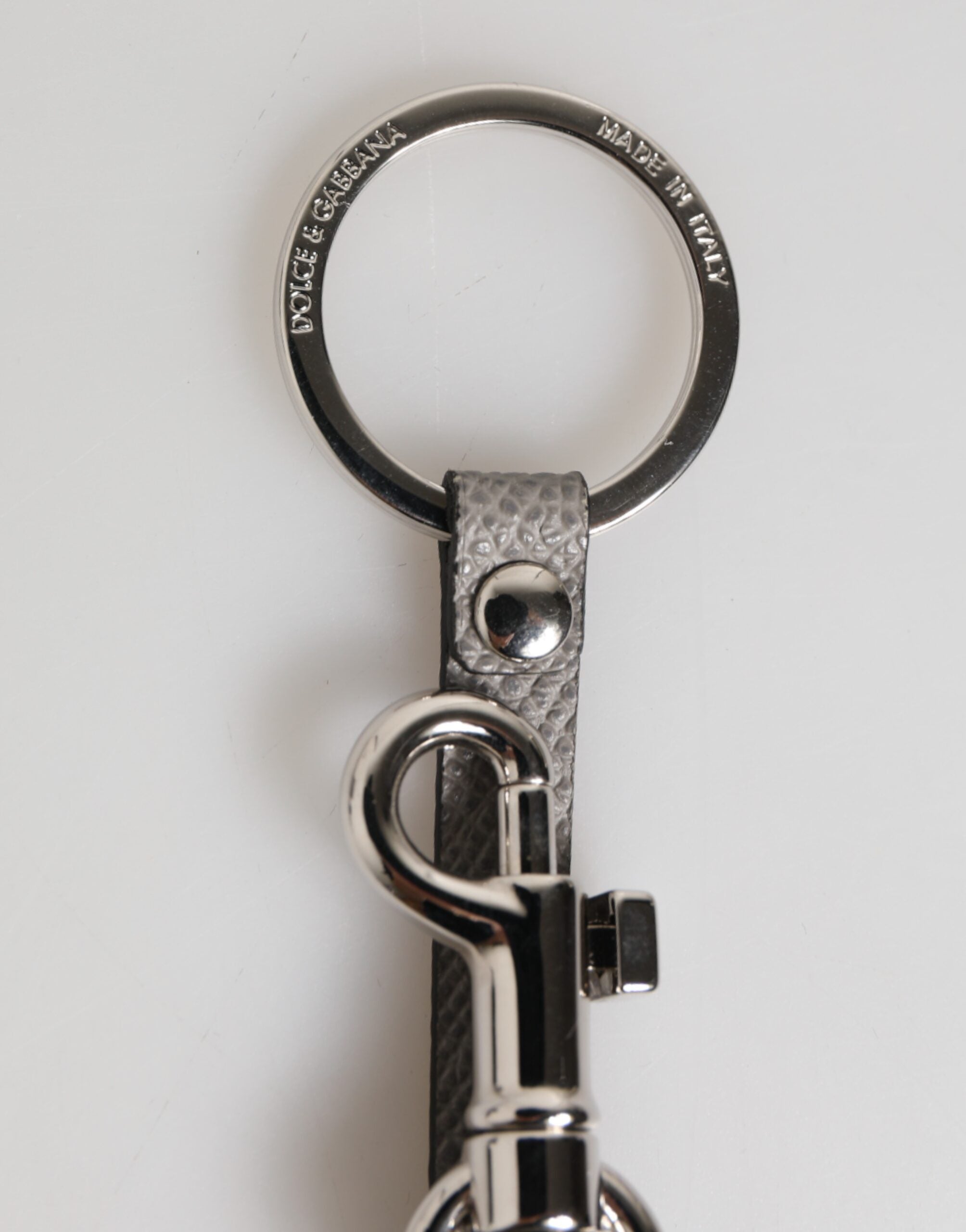 Dolce & Gabbana Gray Leather Logo Metal Ring Keychain Holder Men Keyring Dolce & Gabbana