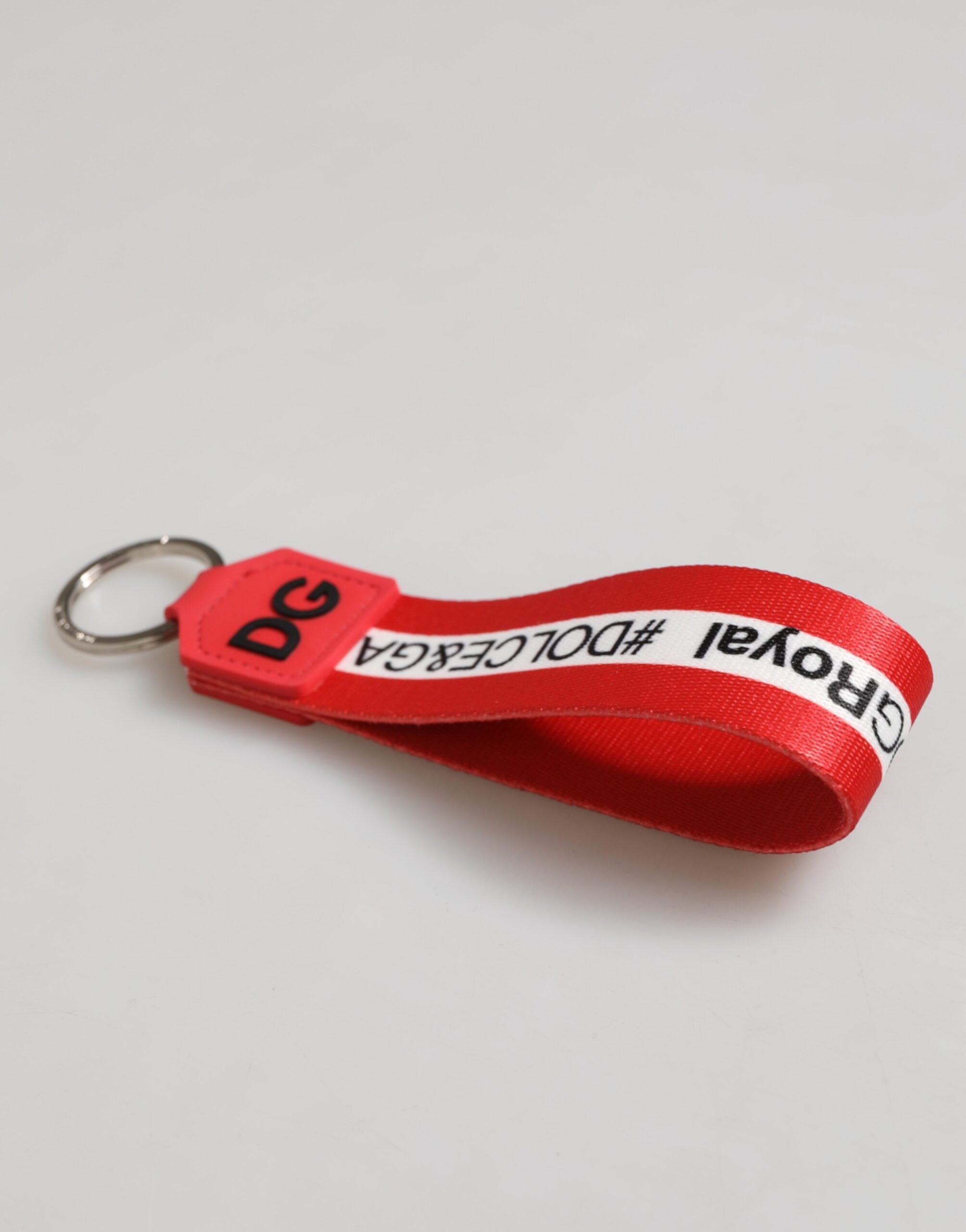 Dolce & Gabbana Red Logo Polyester Silver Brass Holder Keychain Keyring Dolce & Gabbana