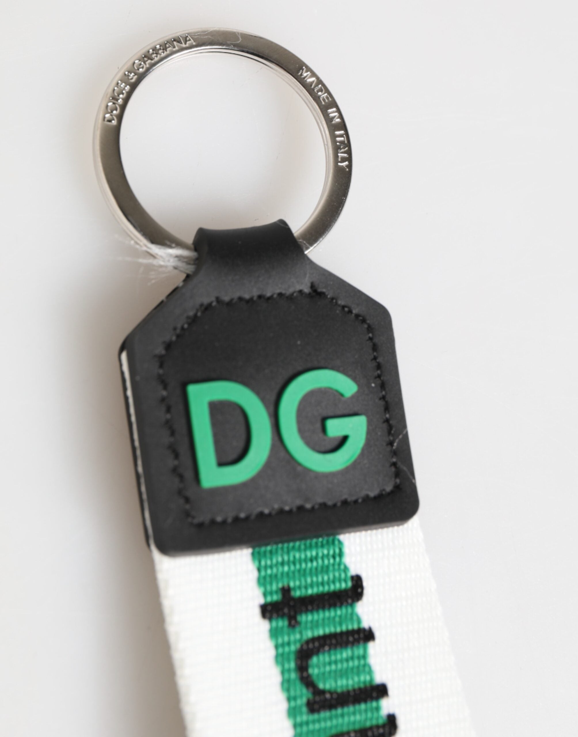 Dolce & Gabbana Green Logo Polyester Silver Brass Holder Keychain Keyring Dolce & Gabbana