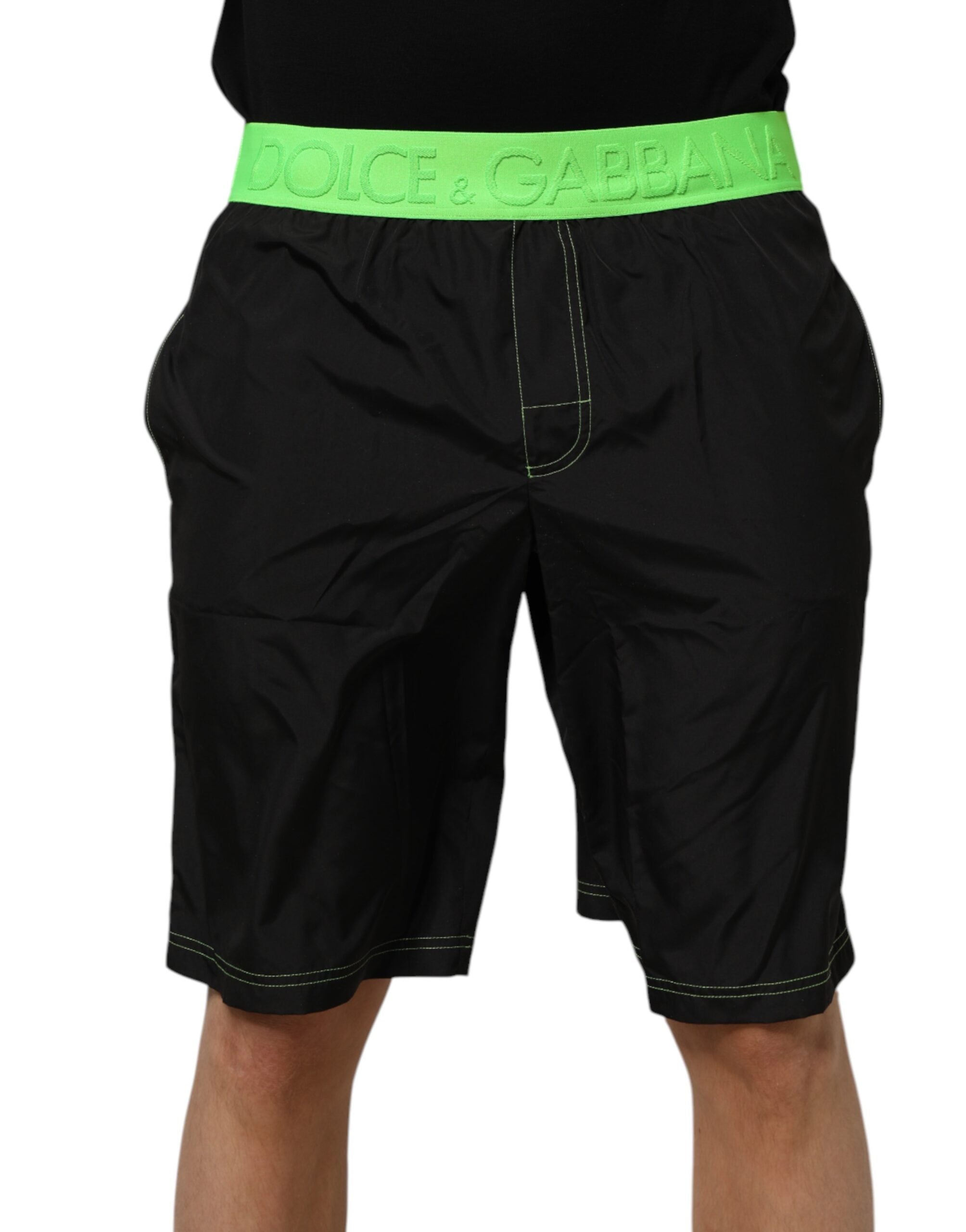 Dolce & Gabbana Black Green Logo Waistband Beachwear Short Swimwear Dolce & Gabbana