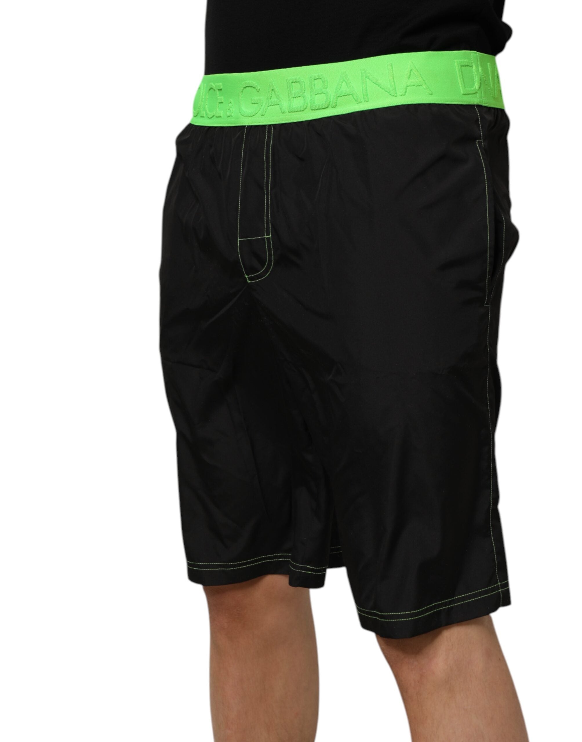 Dolce & Gabbana Black Green Logo Waistband Beachwear Short Swimwear Dolce & Gabbana