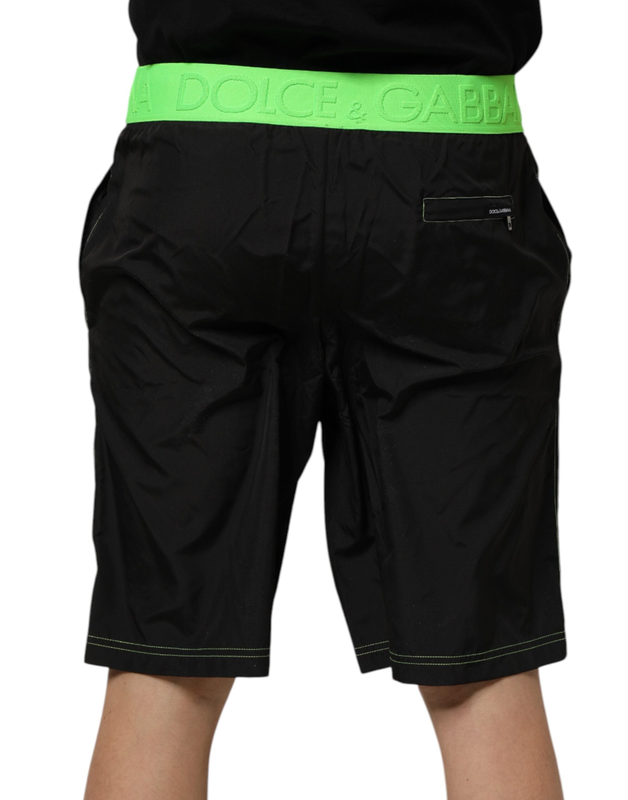 Dolce & Gabbana Black Green Logo Waistband Beachwear Short Swimwear Dolce & Gabbana