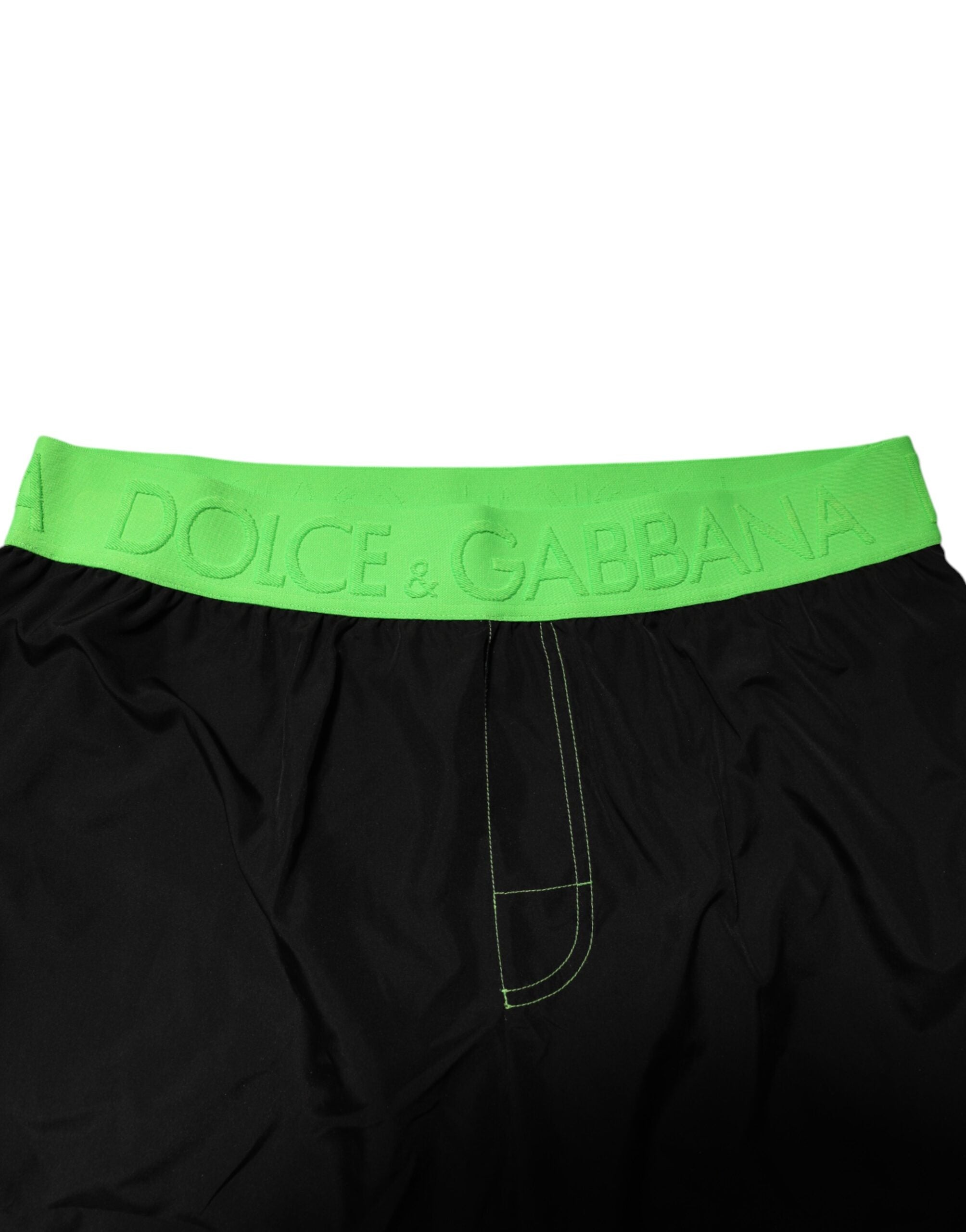 Dolce & Gabbana Black Green Logo Waistband Beachwear Short Swimwear Dolce & Gabbana