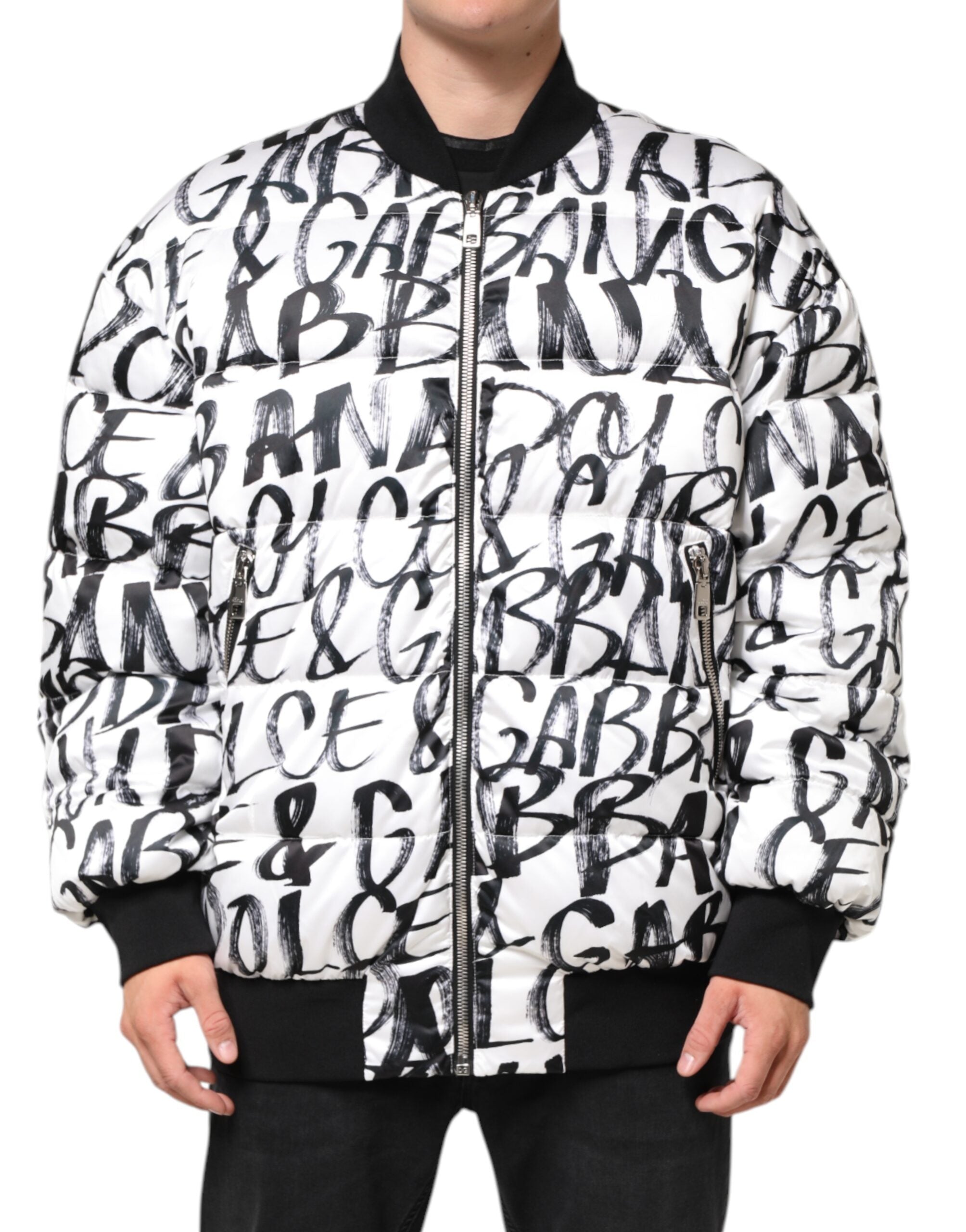 Dolce & Gabbana White Black Graffiti Logo Puffer Bomber Jacket Dolce & Gabbana