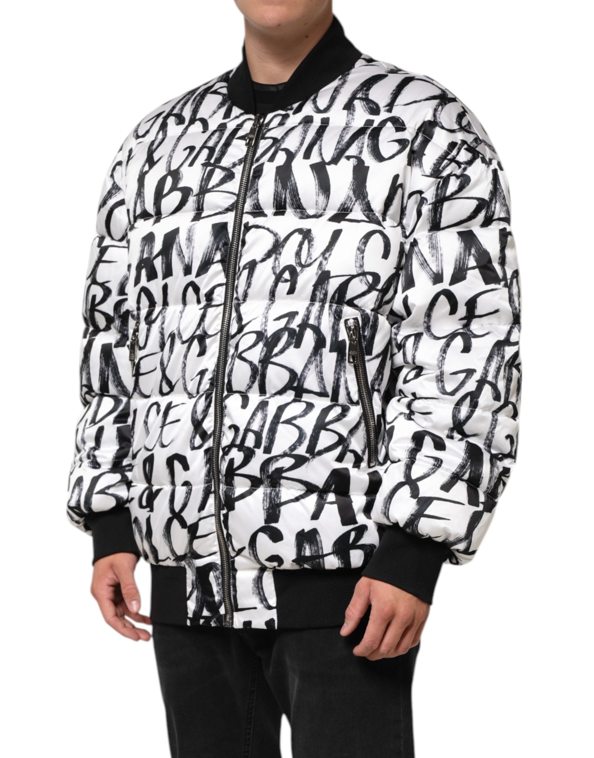 Dolce & Gabbana White Black Graffiti Logo Puffer Bomber Jacket Dolce & Gabbana