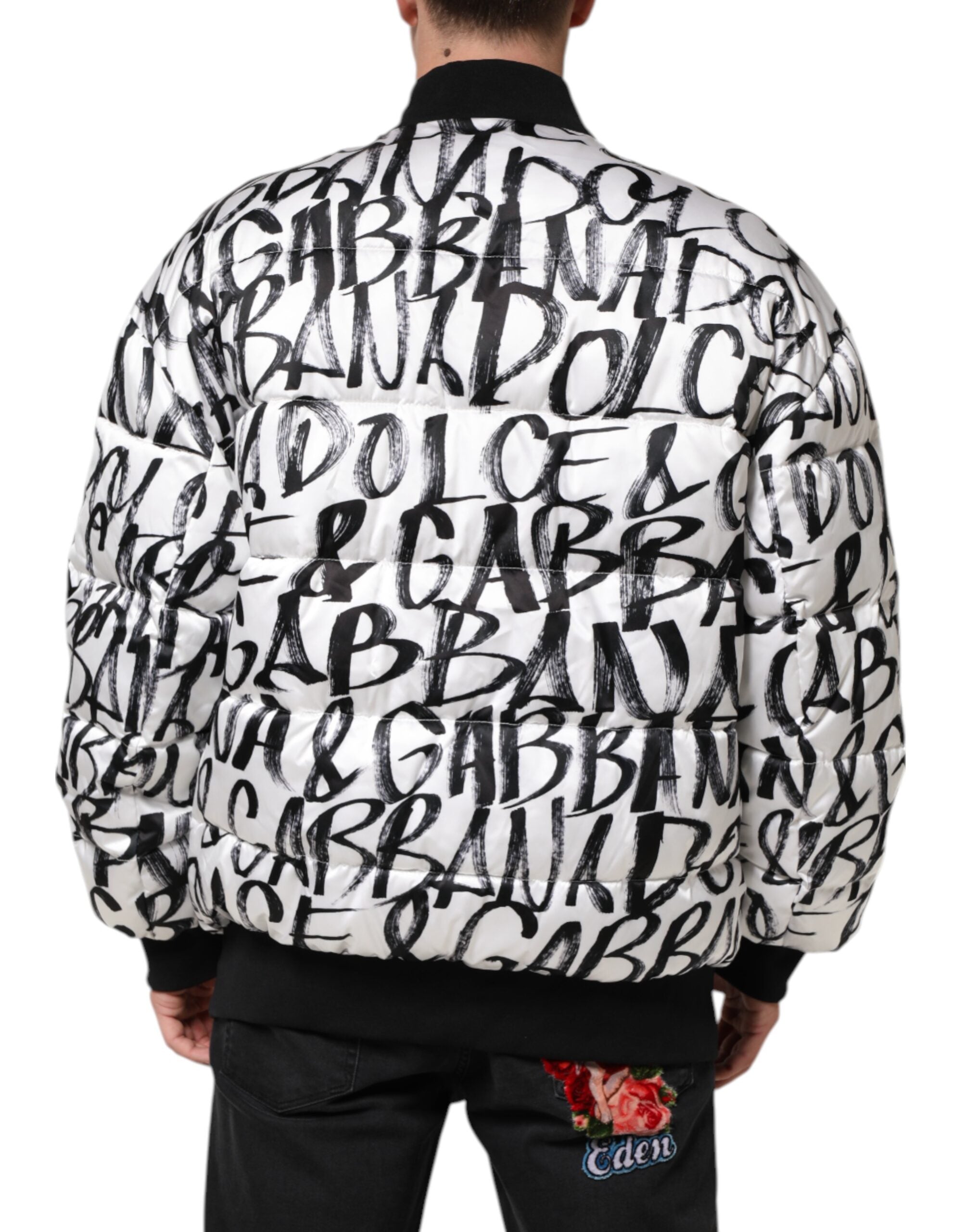 Dolce & Gabbana White Black Graffiti Logo Puffer Bomber Jacket Dolce & Gabbana