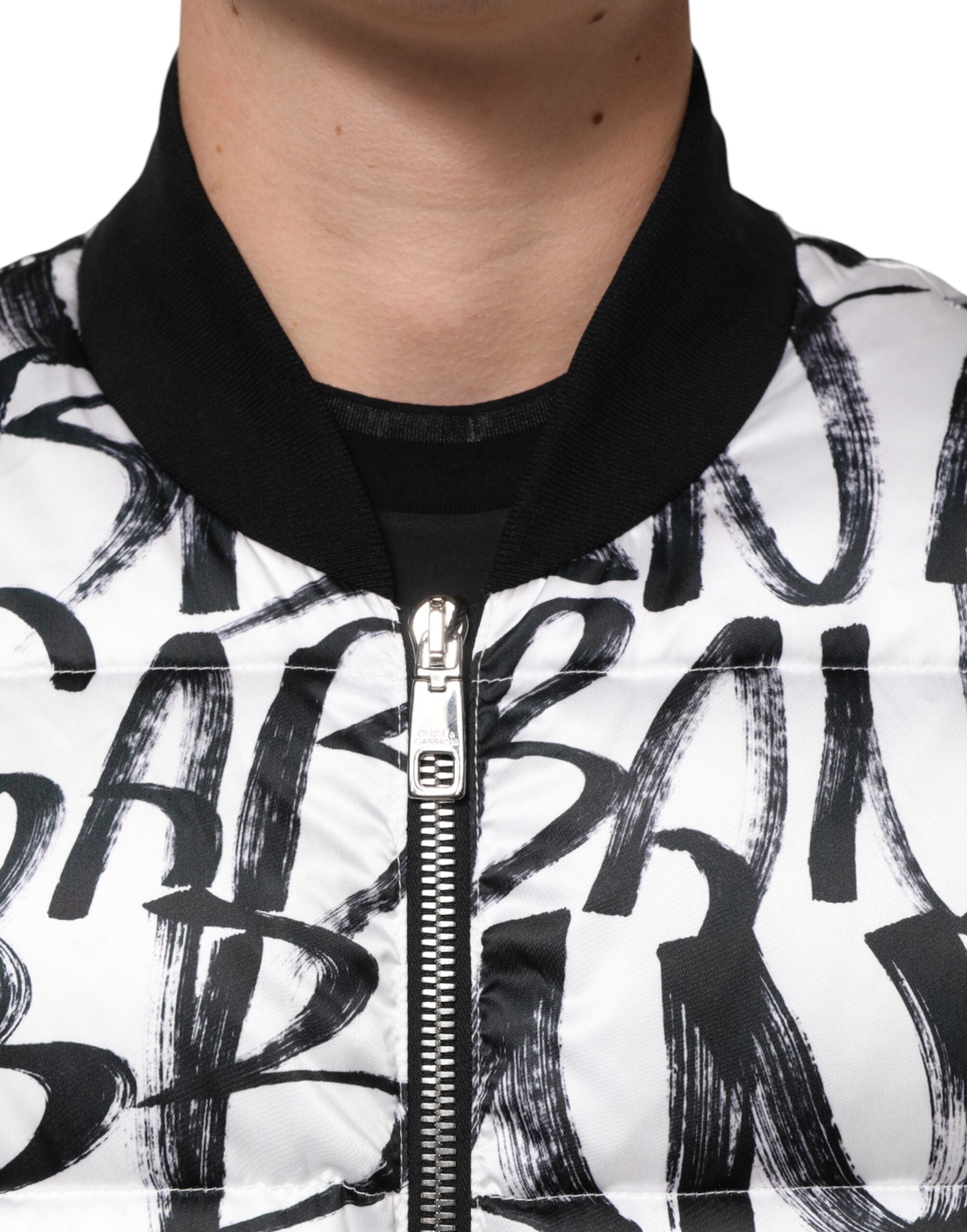 Dolce & Gabbana White Black Graffiti Logo Puffer Bomber Jacket Dolce & Gabbana