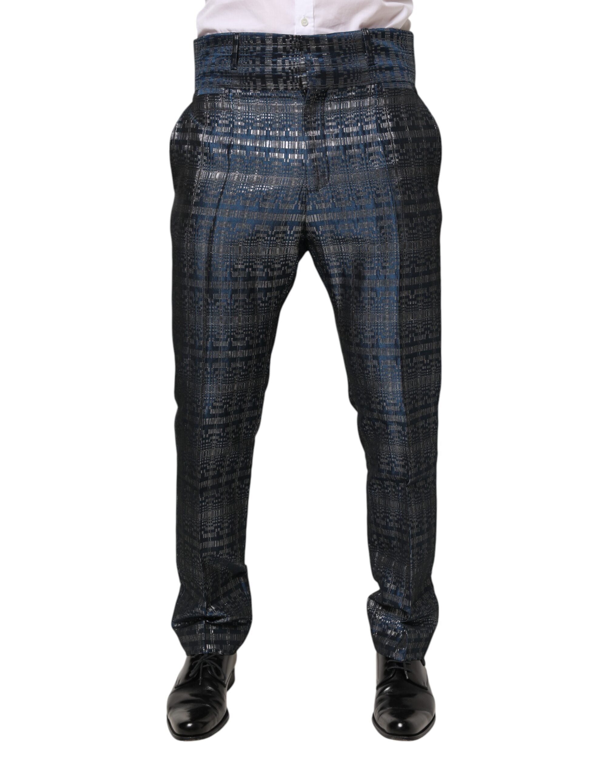 Dolce & Gabbana Blue Silver Shiny Silk Skinny Men Trouser Pants Dolce & Gabbana