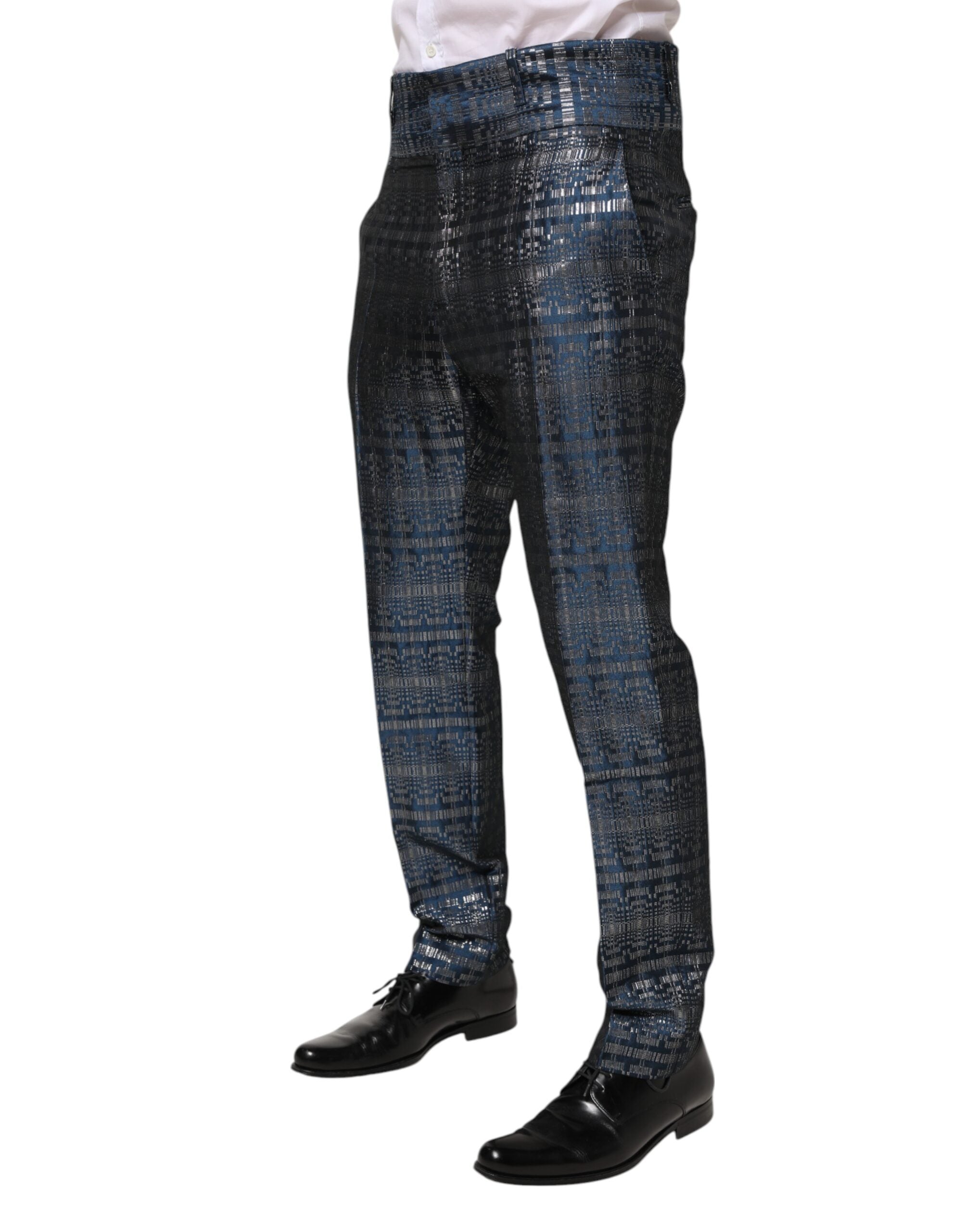 Dolce & Gabbana Blue Silver Shiny Silk Skinny Men Trouser Pants Dolce & Gabbana