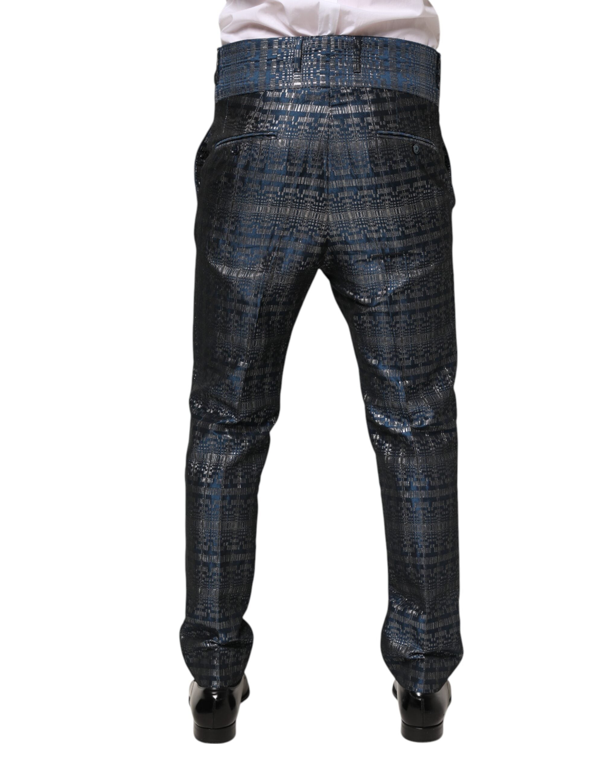 Dolce & Gabbana Blue Silver Shiny Silk Skinny Men Trouser Pants Dolce & Gabbana
