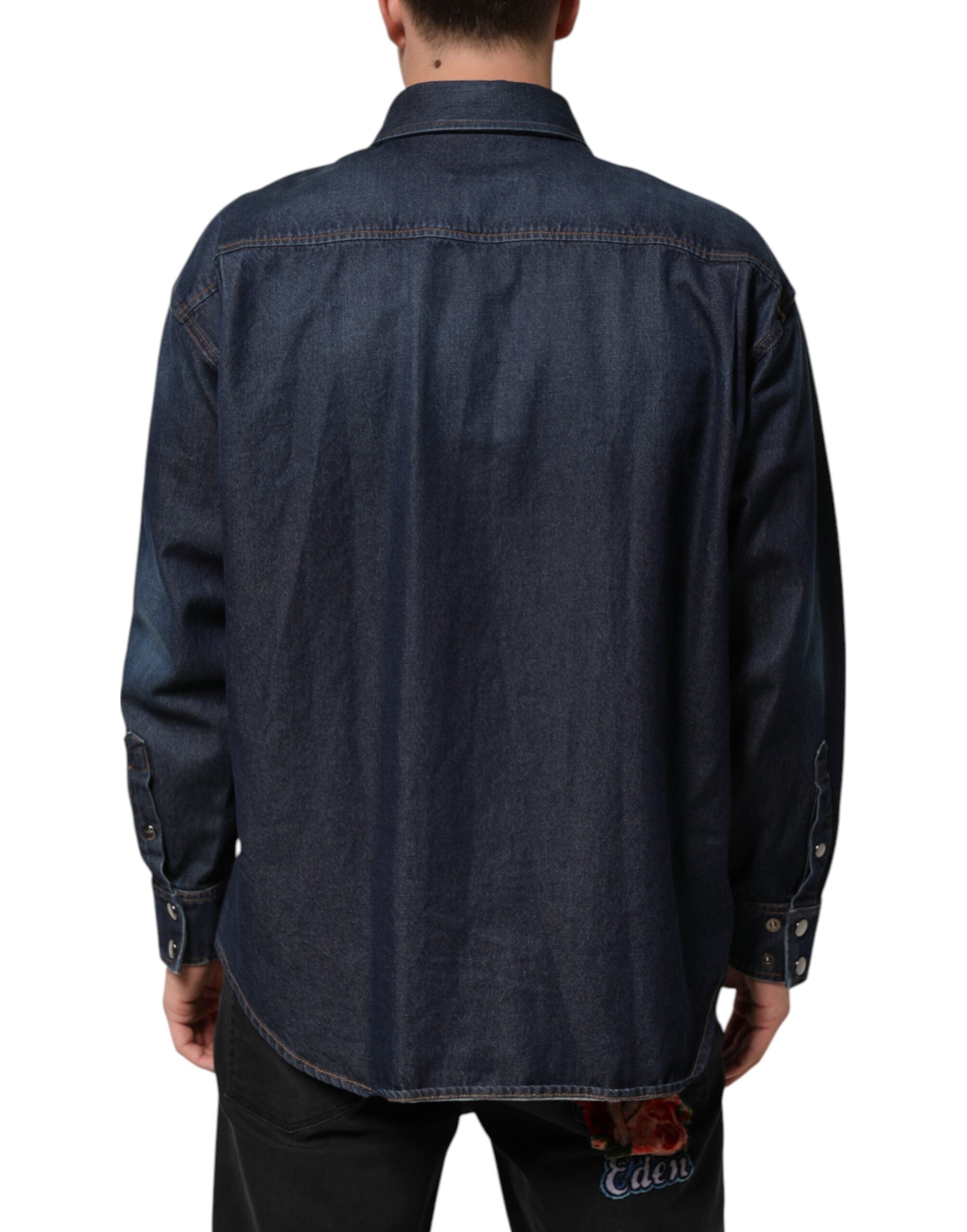 Dolce & Gabbana Blue Denim Button Casual Logo Patch Men Shirt Dolce & Gabbana
