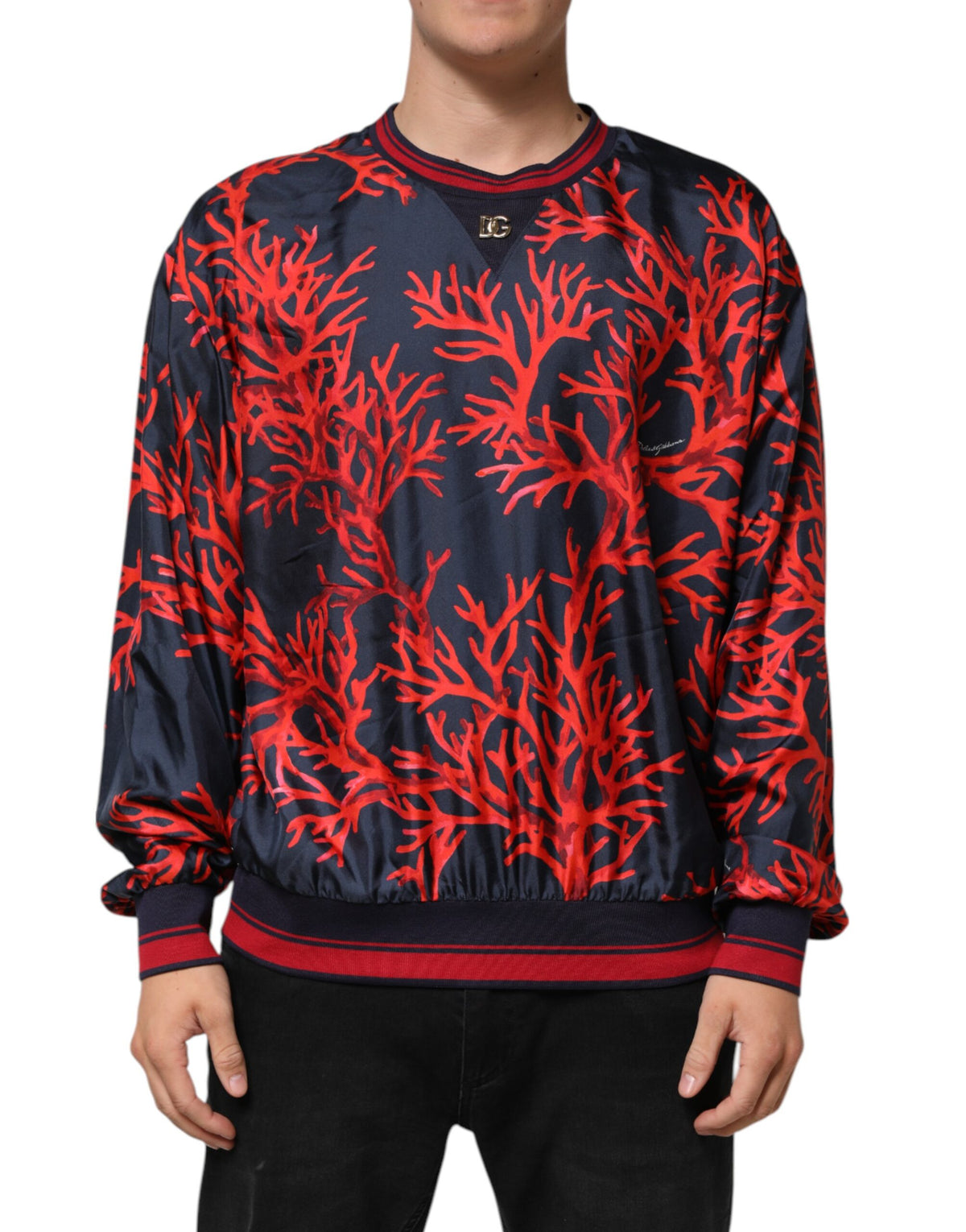 Dolce & Gabbana Silk Navy Red Coral Print Pullover Sweater