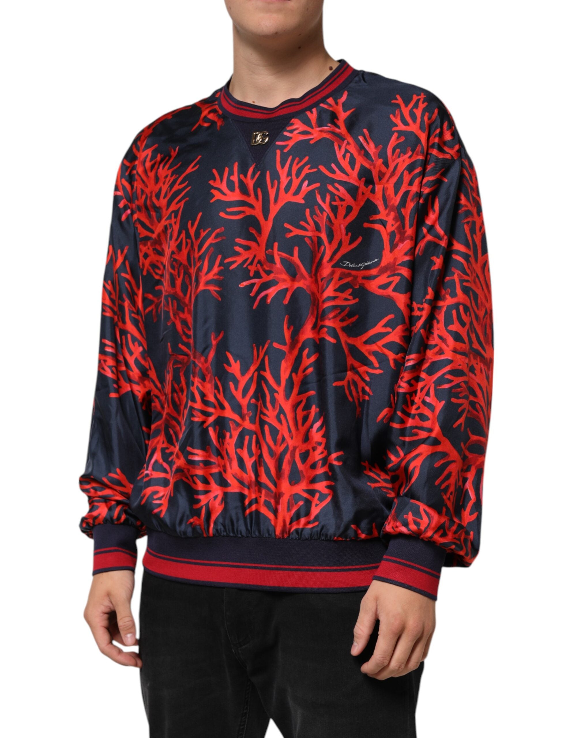 Dolce & Gabbana Silk Navy Red Coral Print Pullover Sweater Dolce & Gabbana