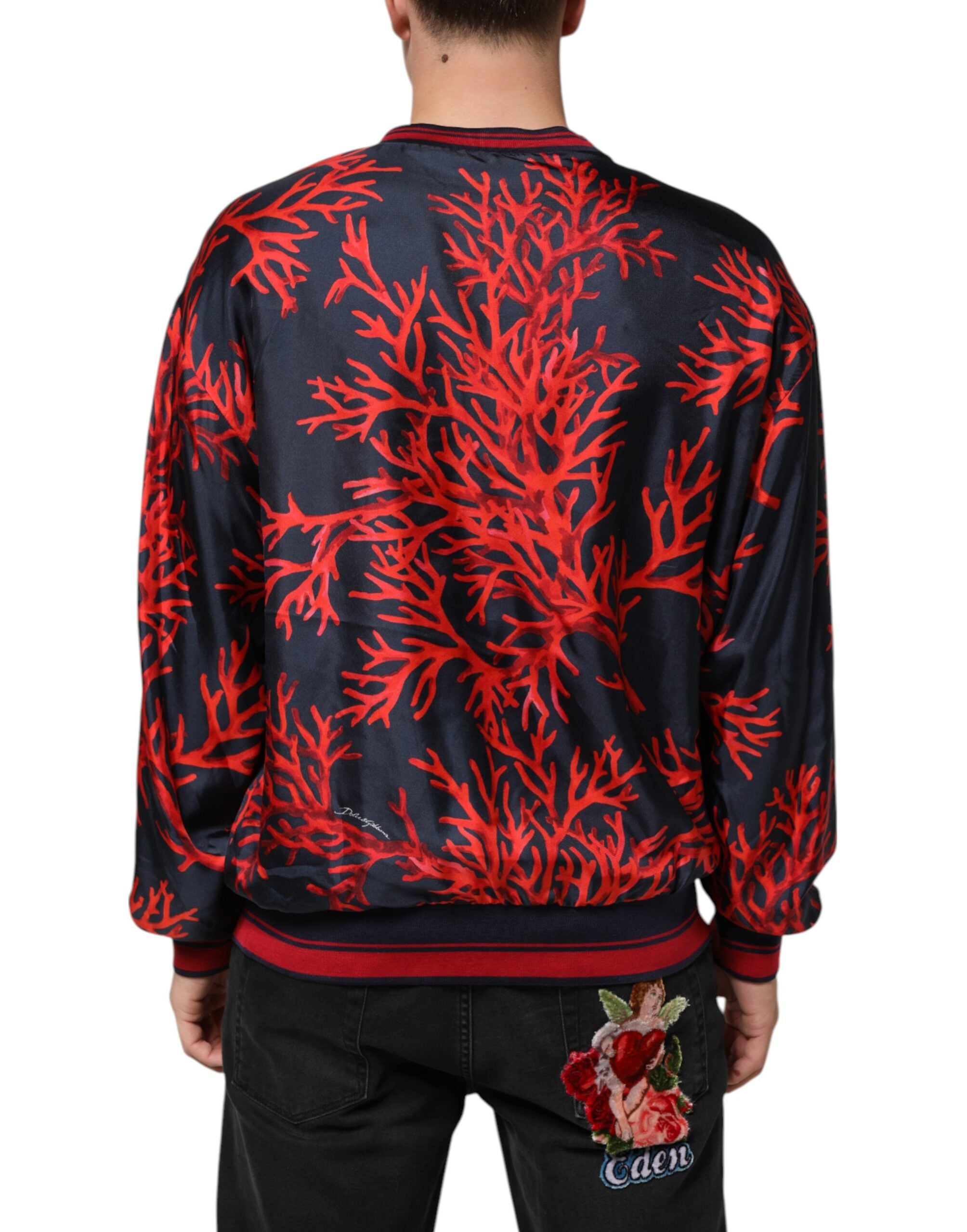 Dolce & Gabbana Silk Navy Red Coral Print Pullover Sweater Dolce & Gabbana