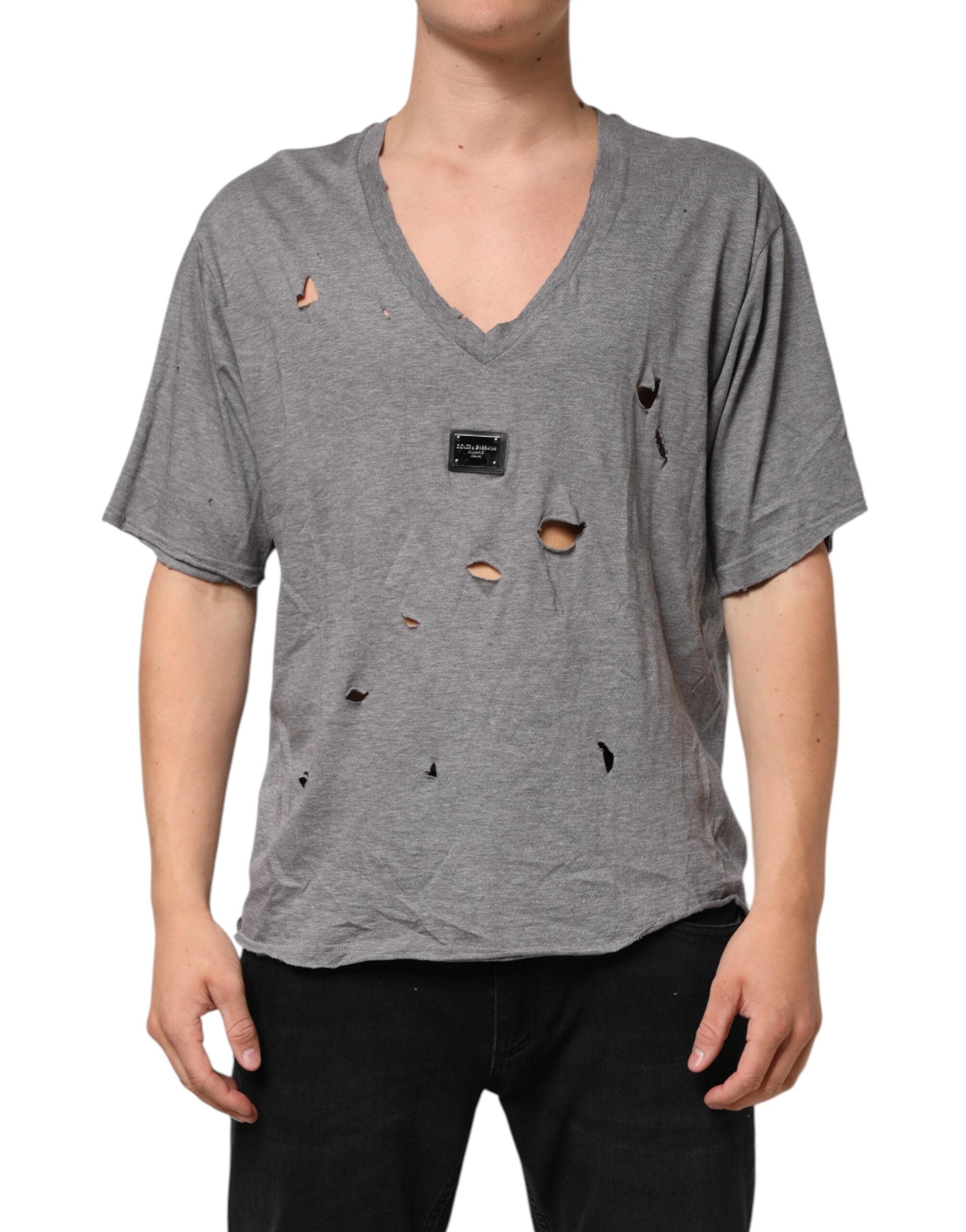Dolce & Gabbana Gray Cotton Tattered Logo Patch Men T-shirt Dolce & Gabbana