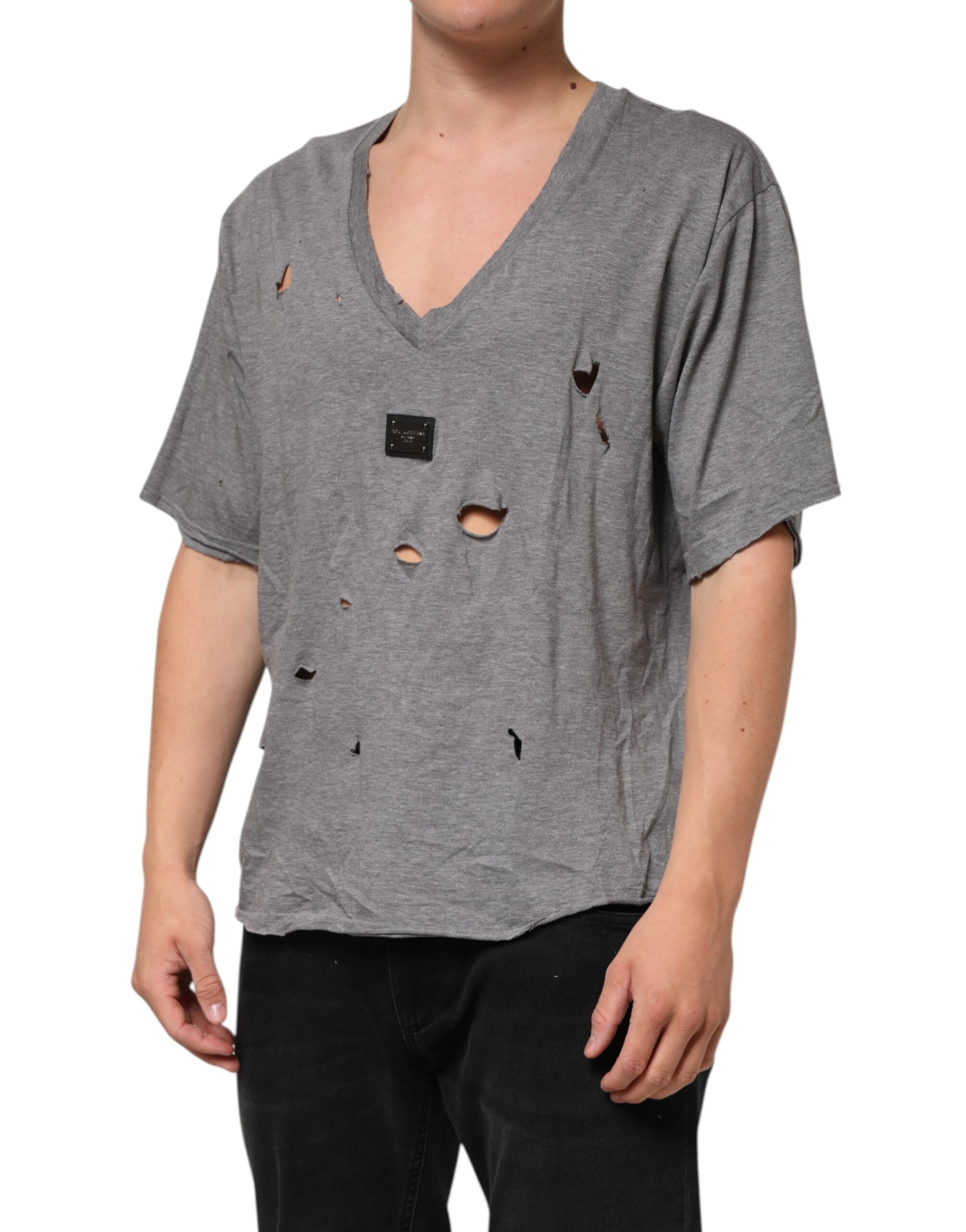 Dolce & Gabbana Gray Cotton Tattered Logo Patch Men T-shirt Dolce & Gabbana