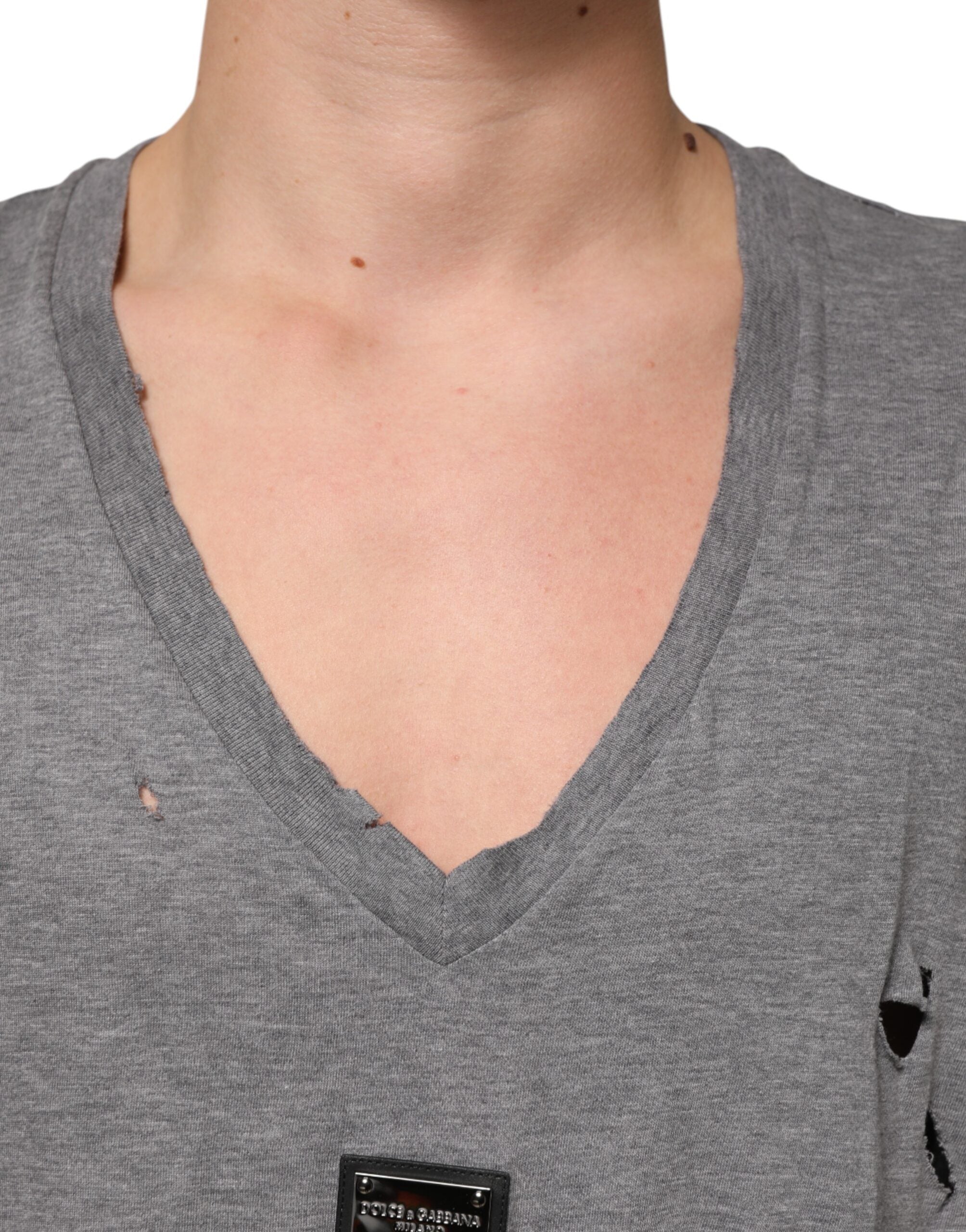 Dolce & Gabbana Gray Cotton Tattered Logo Patch Men T-shirt Dolce & Gabbana