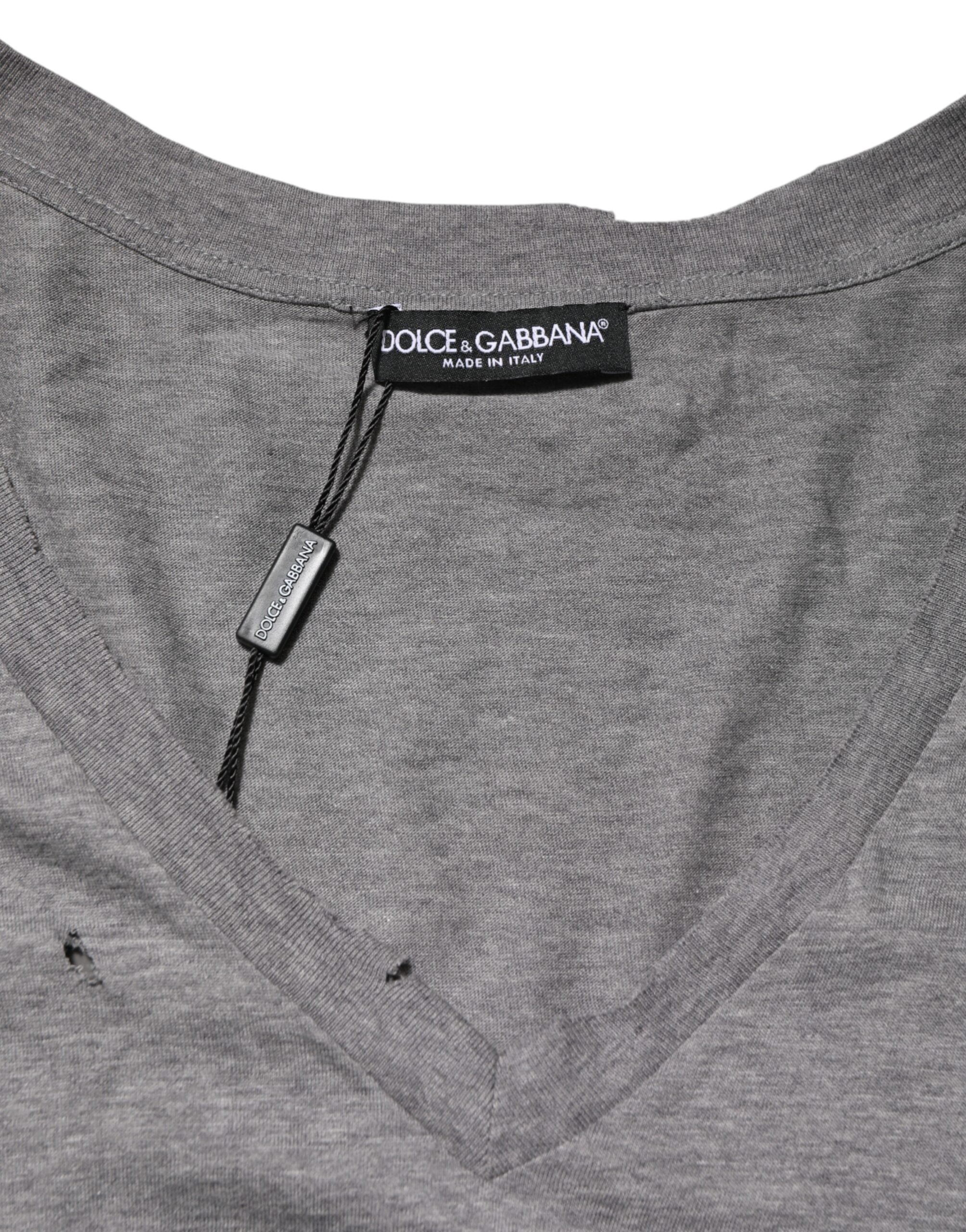 Dolce & Gabbana Gray Cotton Tattered Logo Patch Men T-shirt Dolce & Gabbana